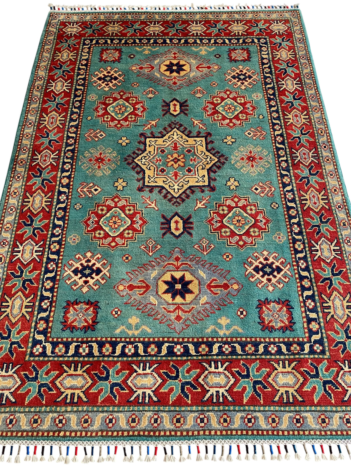 Afghani Rug 4x6 size range tribal Red Blue laid flat