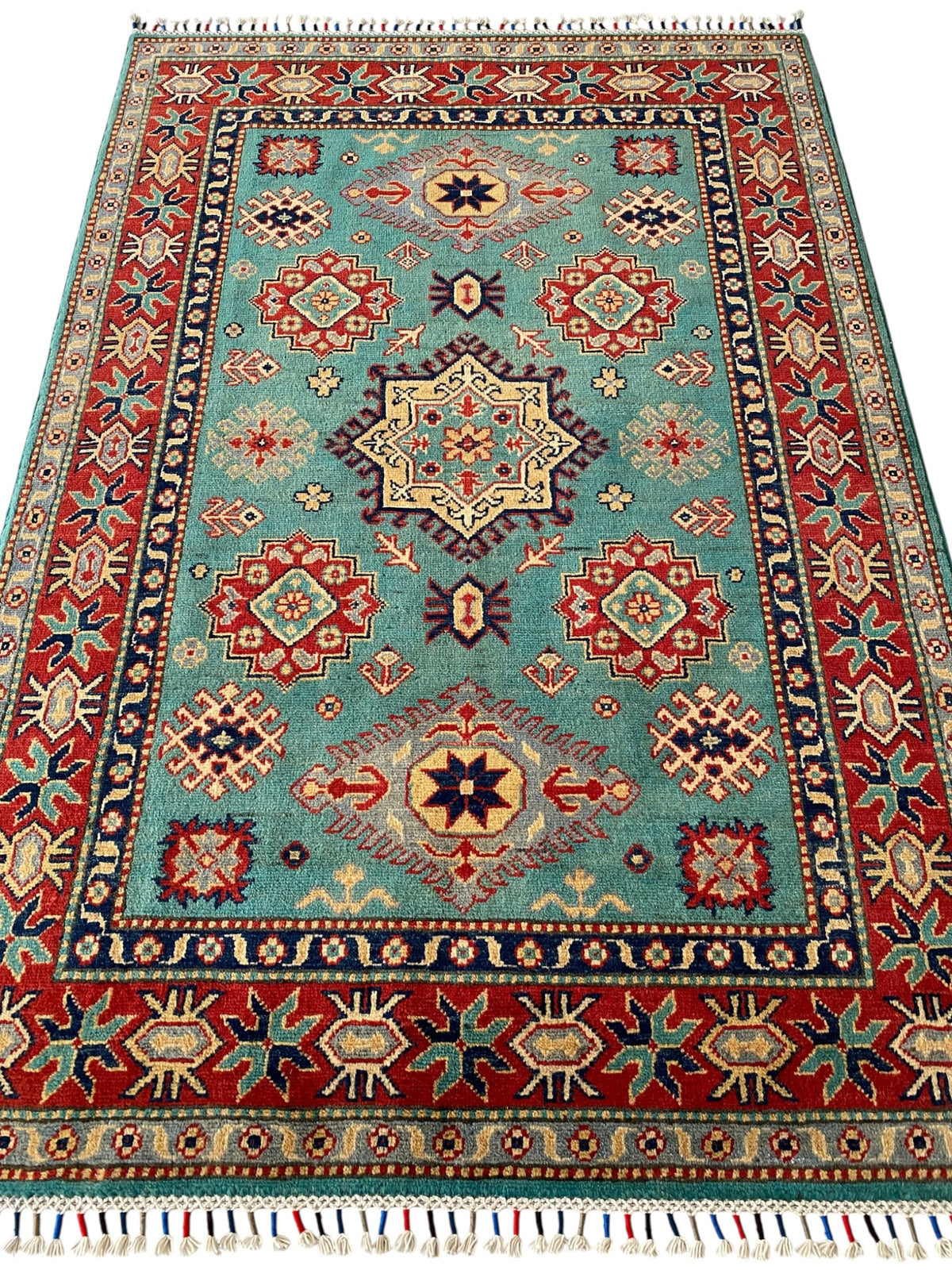 Afghani Rug 4x6 size range tribal Red Blue laid flat
