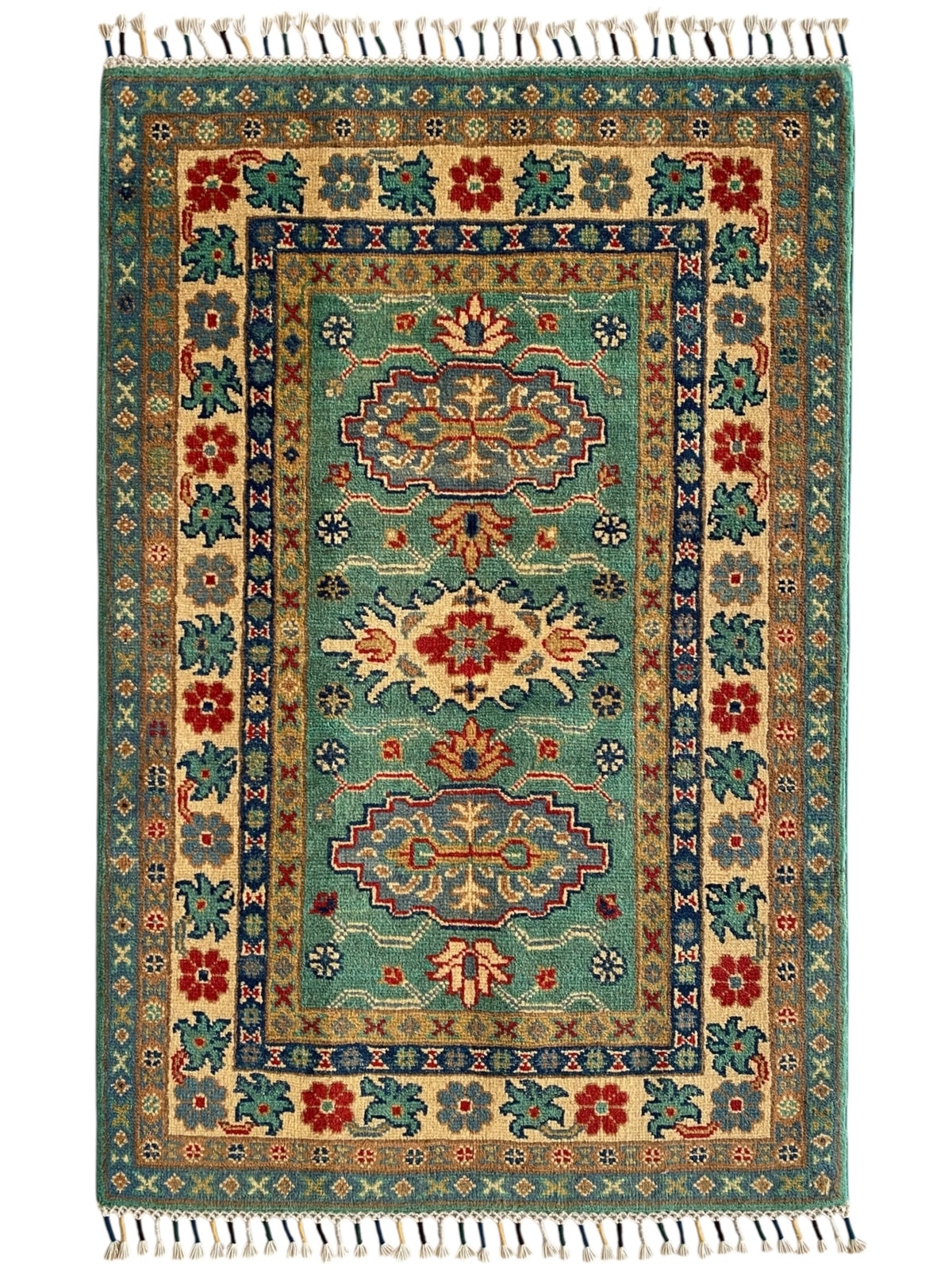 Afghani Rug 3x4 size range tribal Blue Cream laid flat