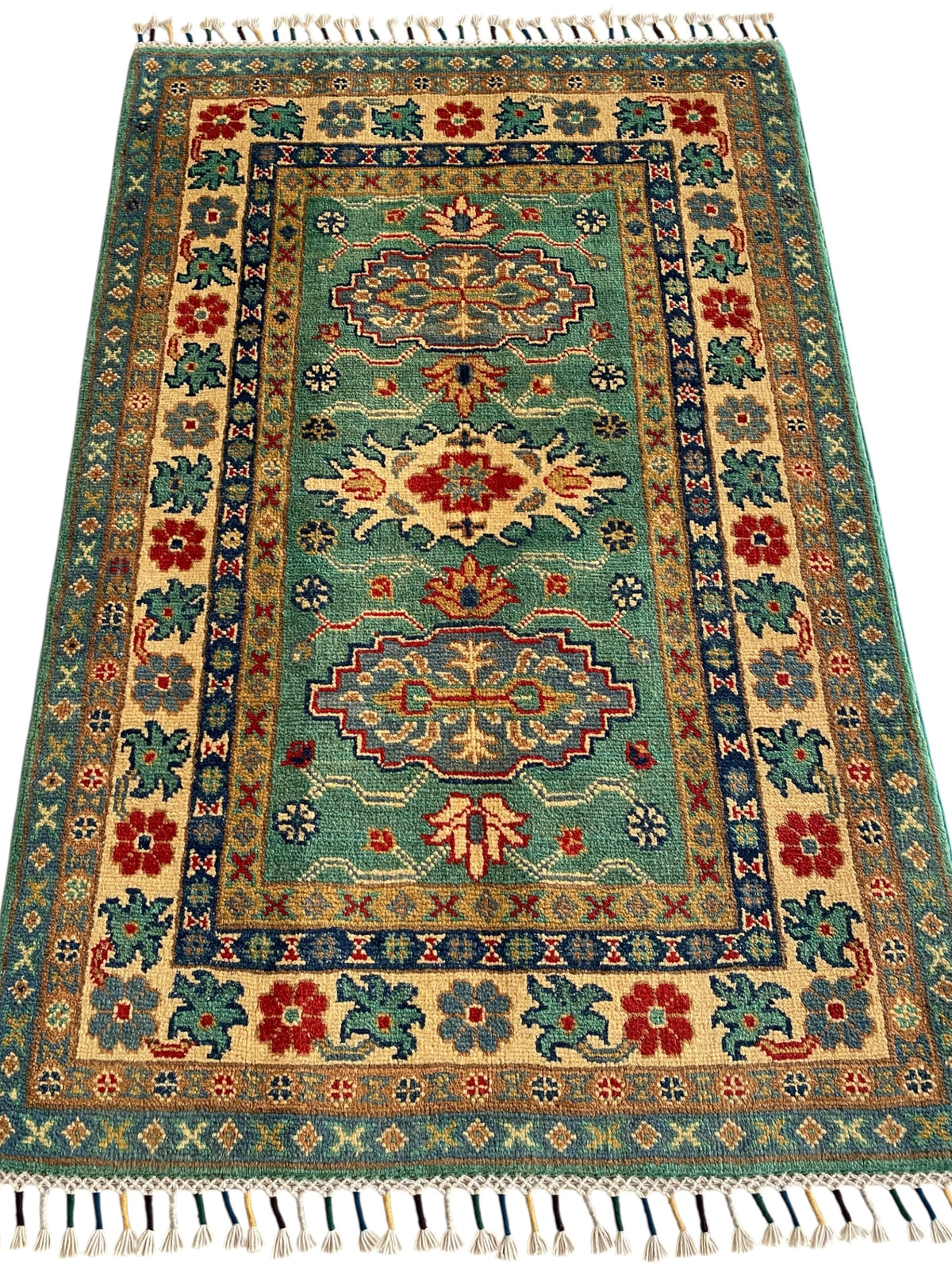 Afghani Rug 3x4 size range tribal Blue Cream laid flat