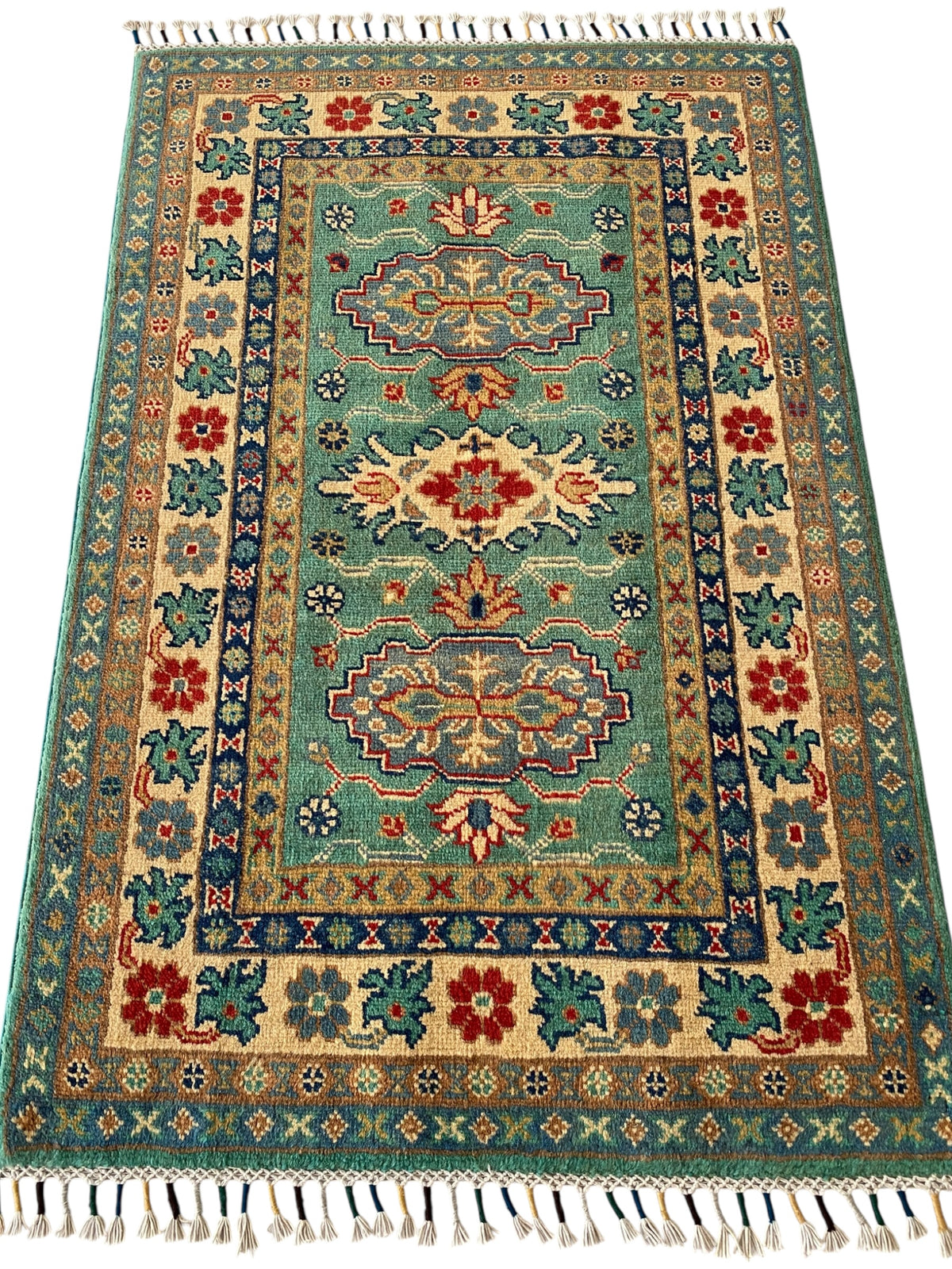 Afghani Rug 3x4 size range tribal Blue Cream laid flat