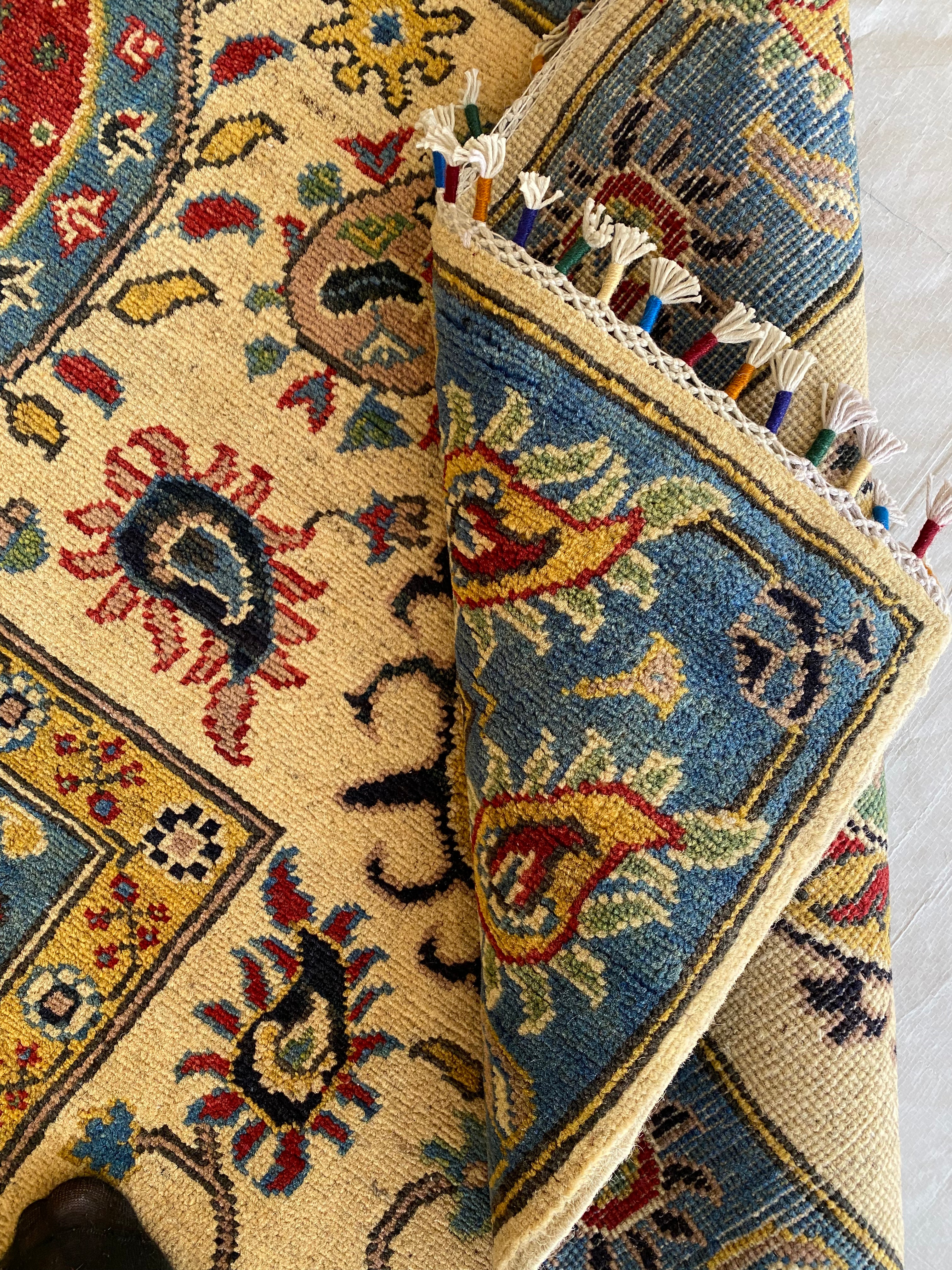 Afghani Rug 6x9 size range floral Blue Cream laid flat