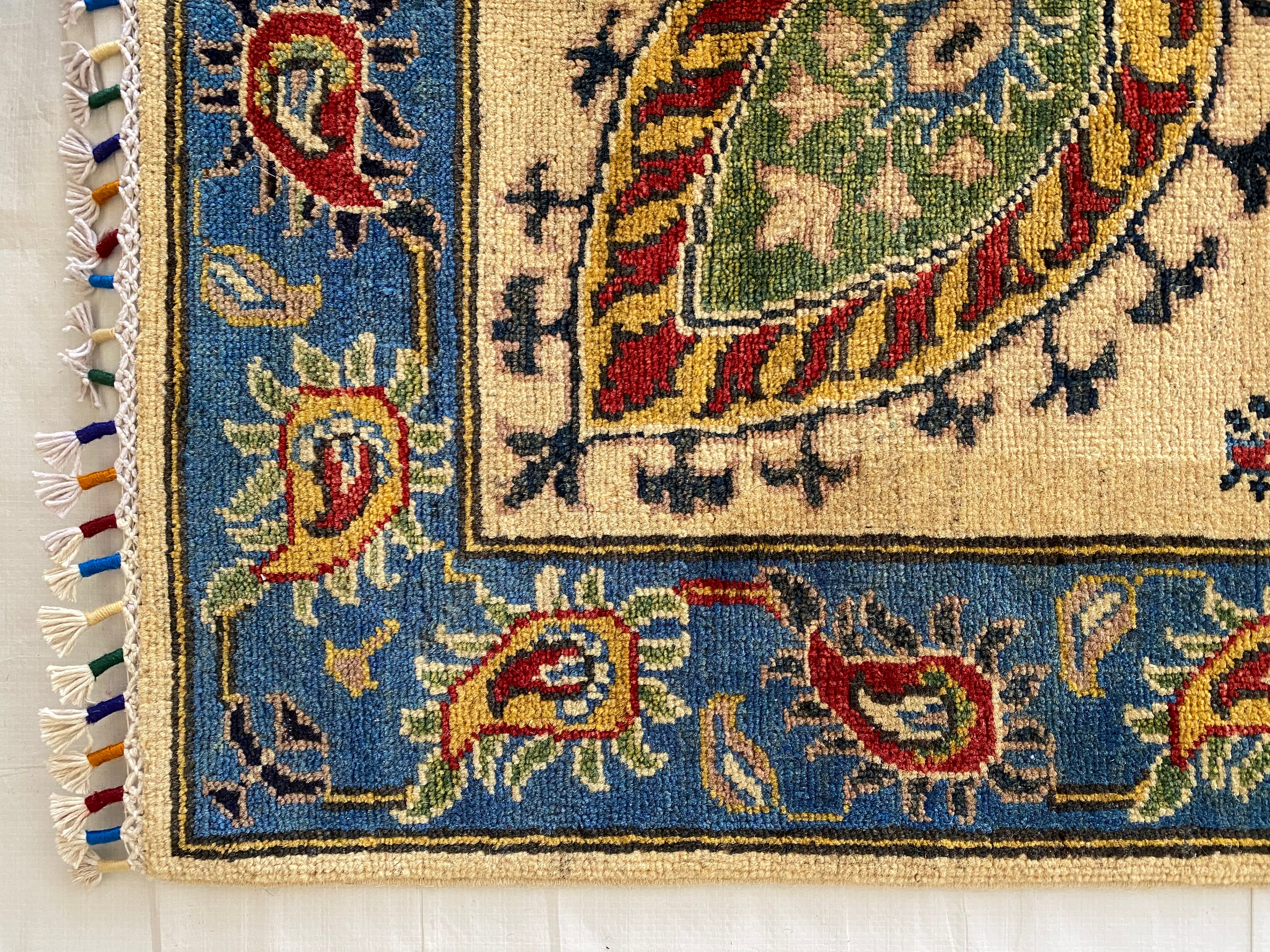 Afghani Rug 6x9 size range floral Blue Cream laid flat