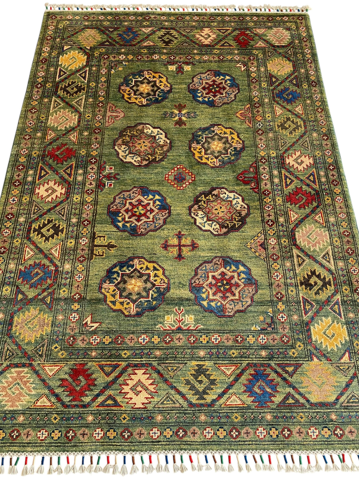 Afghani Rug 4x6 size range tribal Green laid flat
