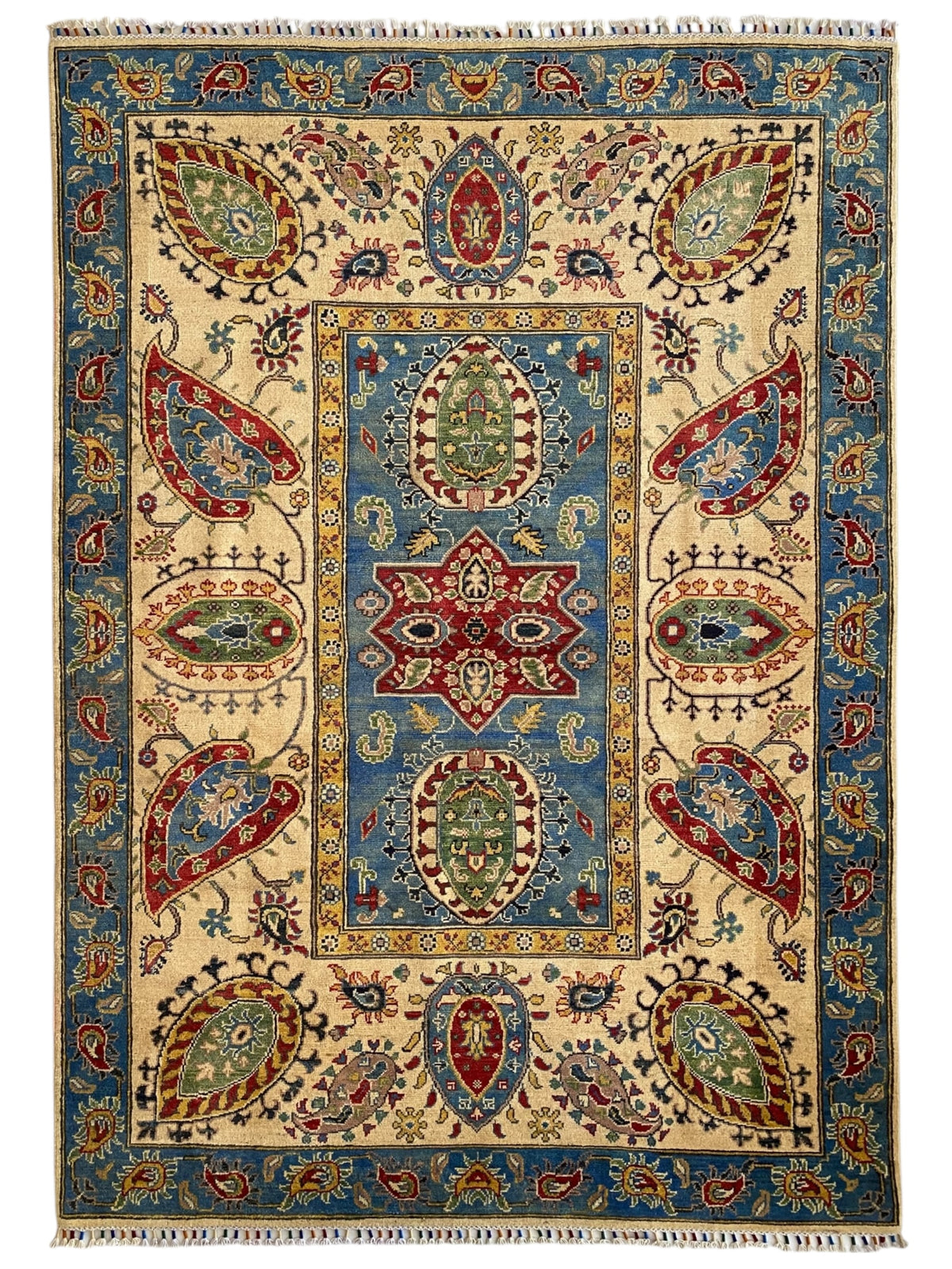 Afghani Rug 6x9 size range floral Blue Cream laid flat
