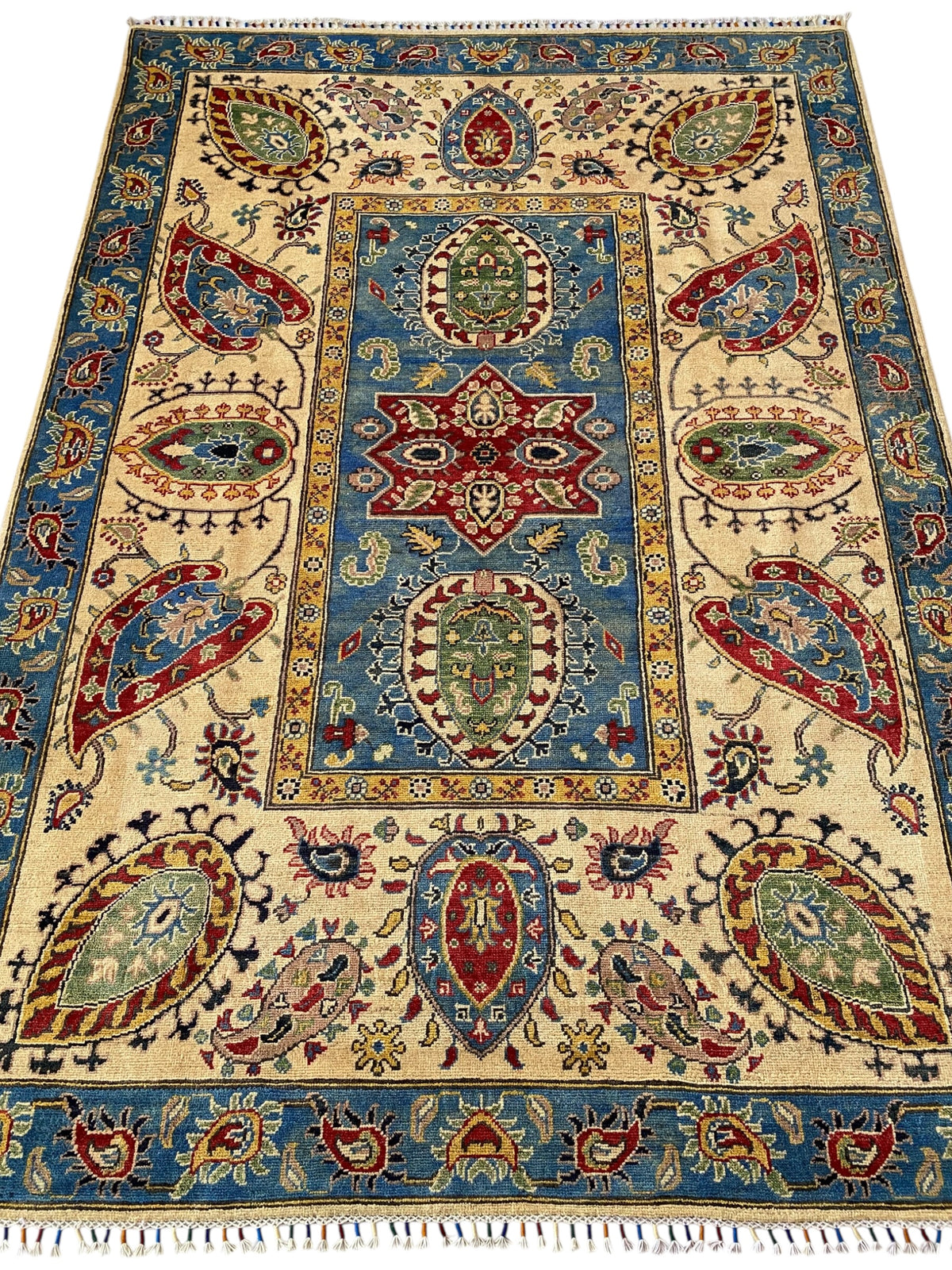 Afghani Rug 6x9 size range floral Blue Cream laid flat