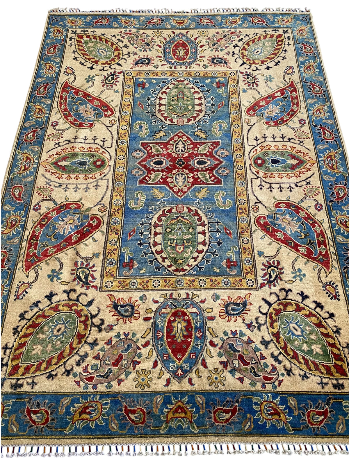 Afghani Rug 6x9 size range floral Blue Cream laid flat