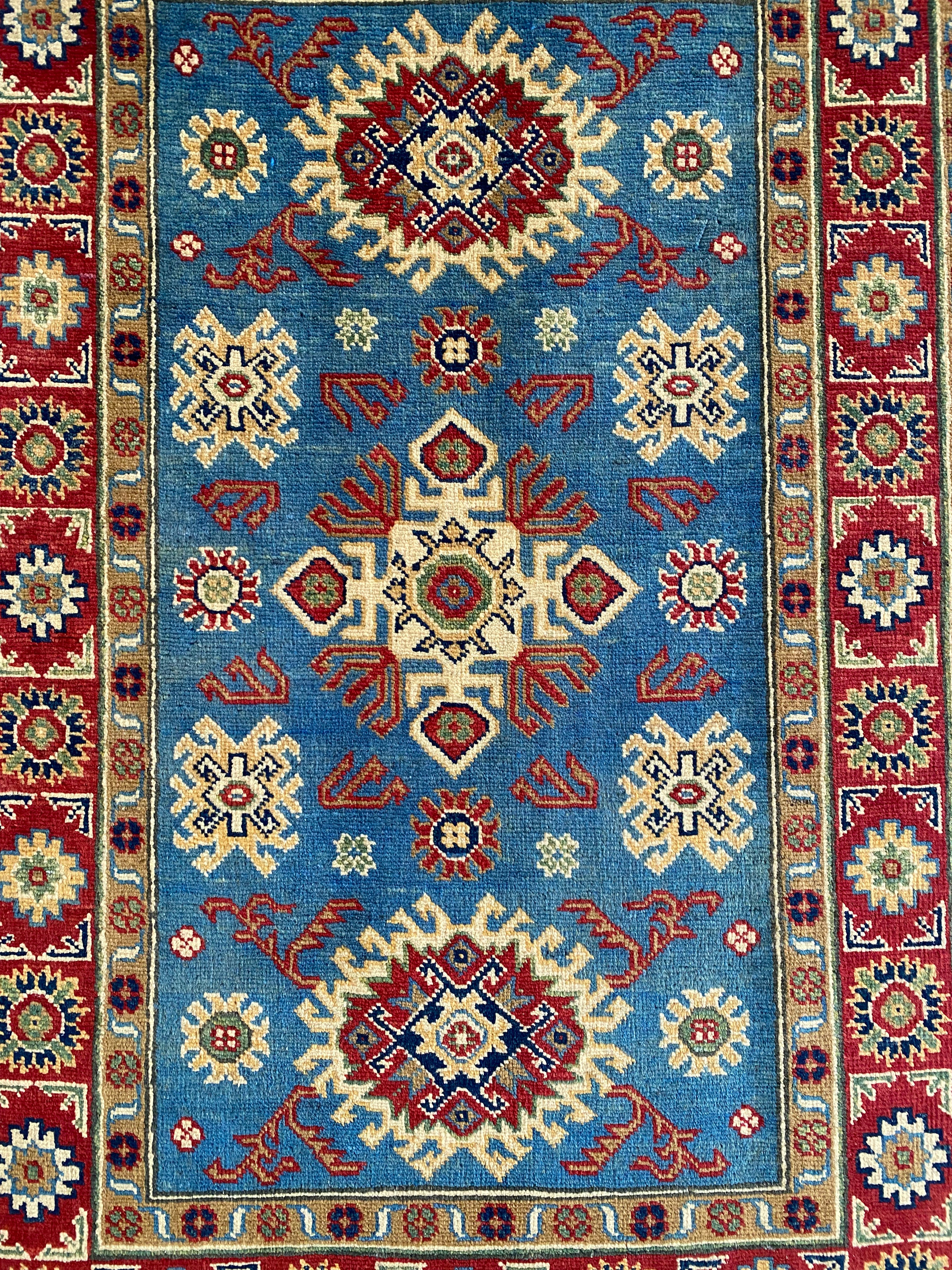 Afghani Rug 4x6 size range tribal Red Blue laid flat
