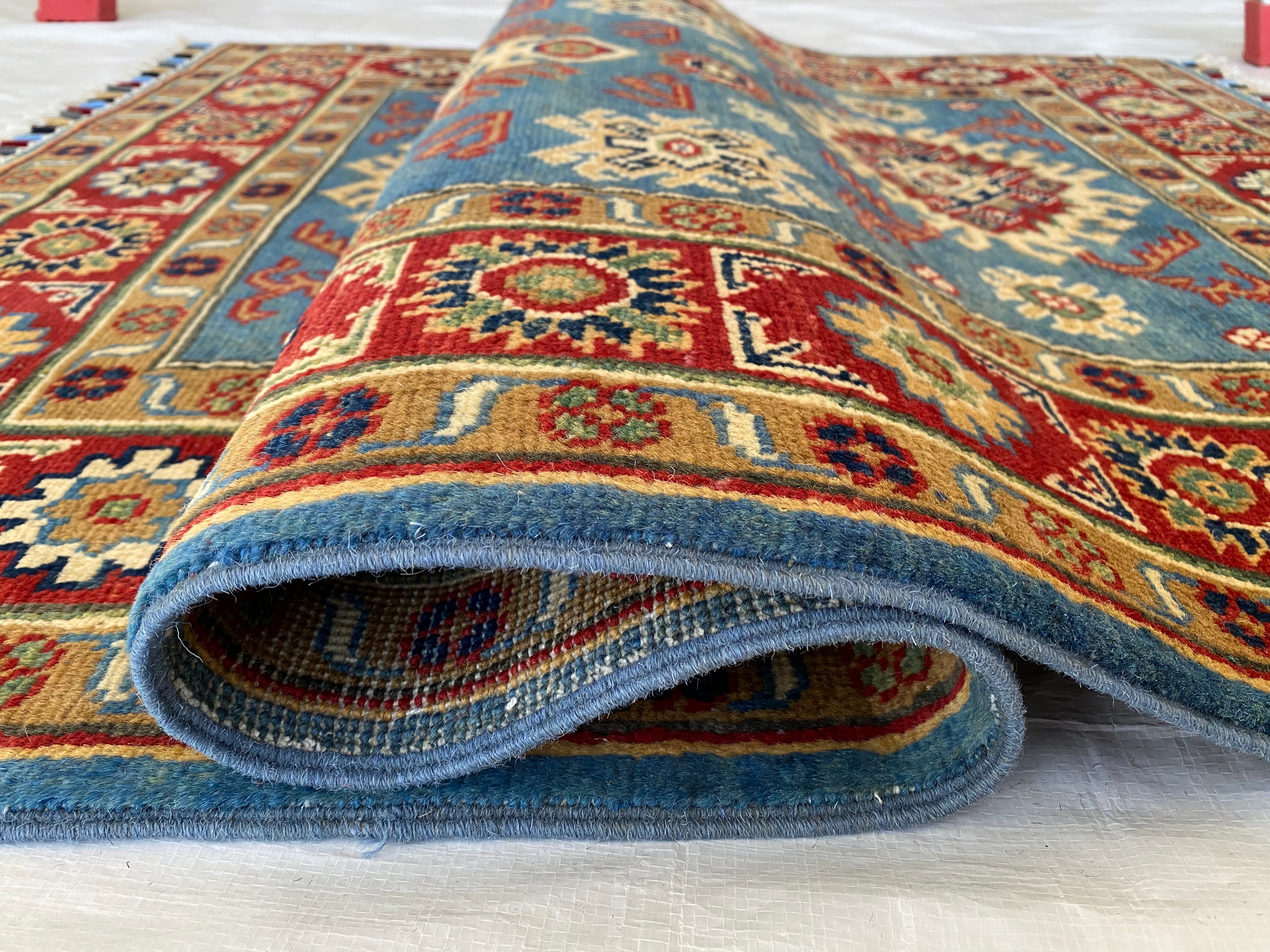 Afghani Rug 4x6 size range tribal Red Blue laid flat