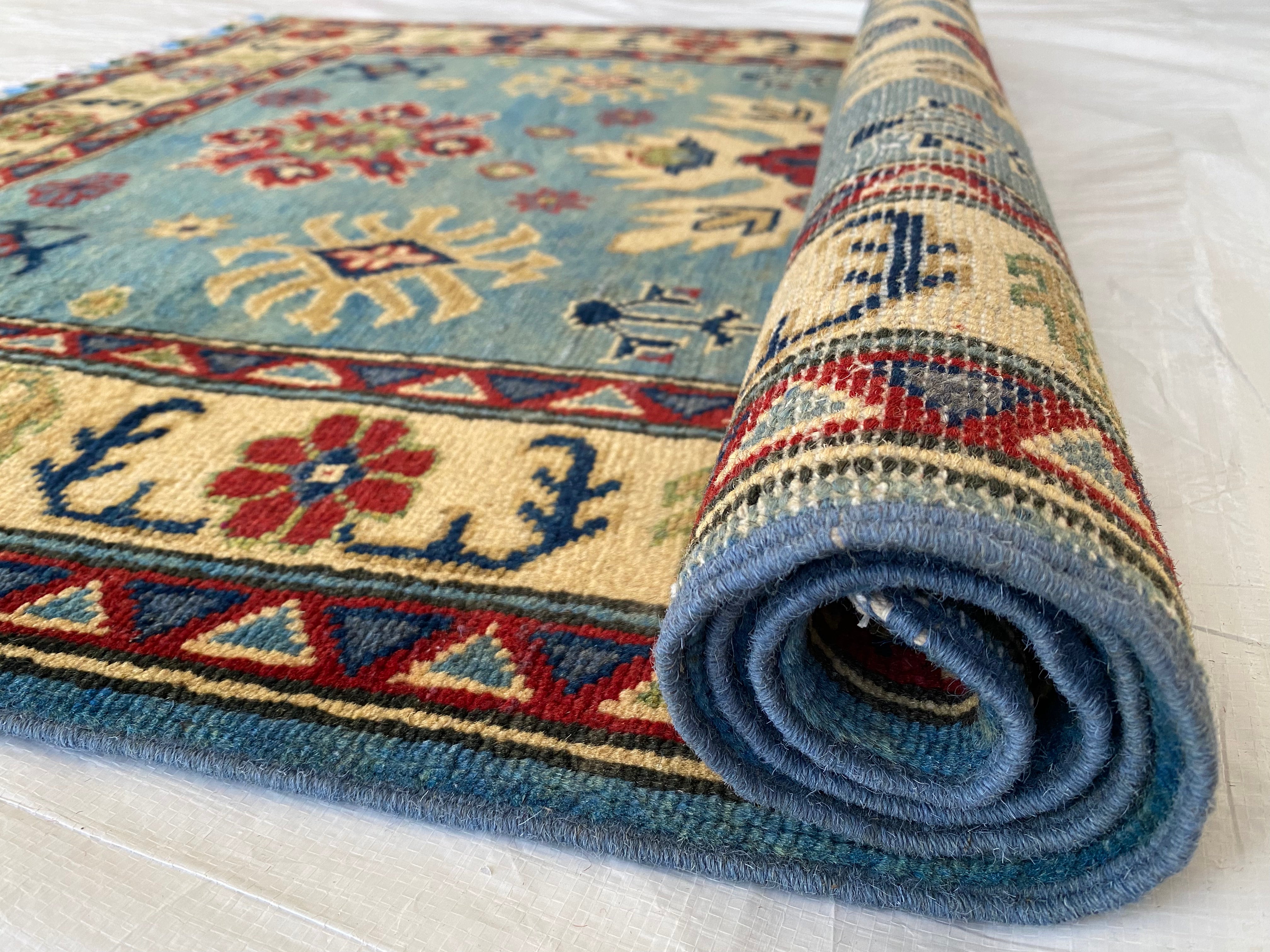 Afghani Rug 4x6 size range tribal Red Blue laid flat