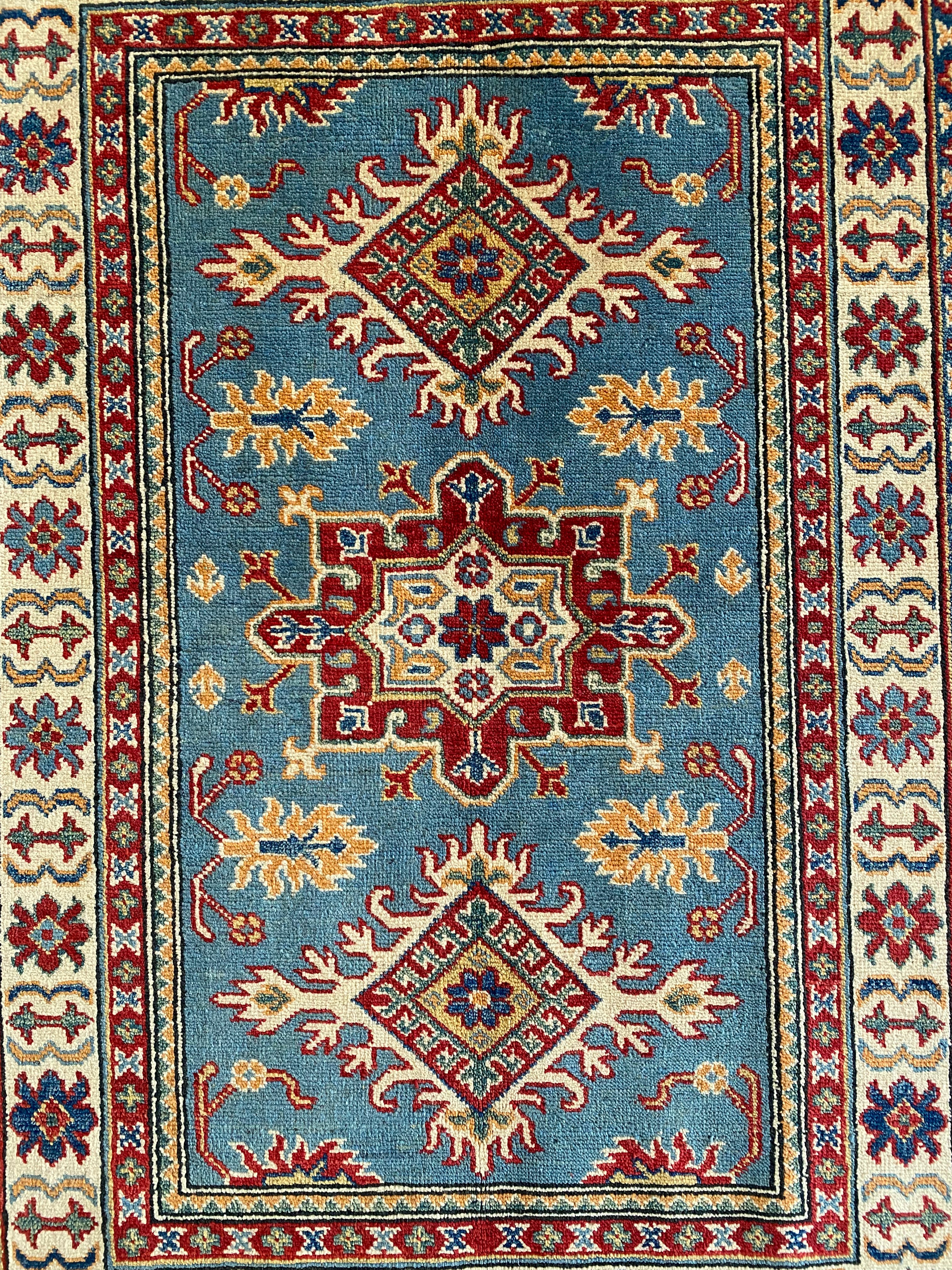 Afghani Rug 4x6 size range tribal Blue Beige laid flat