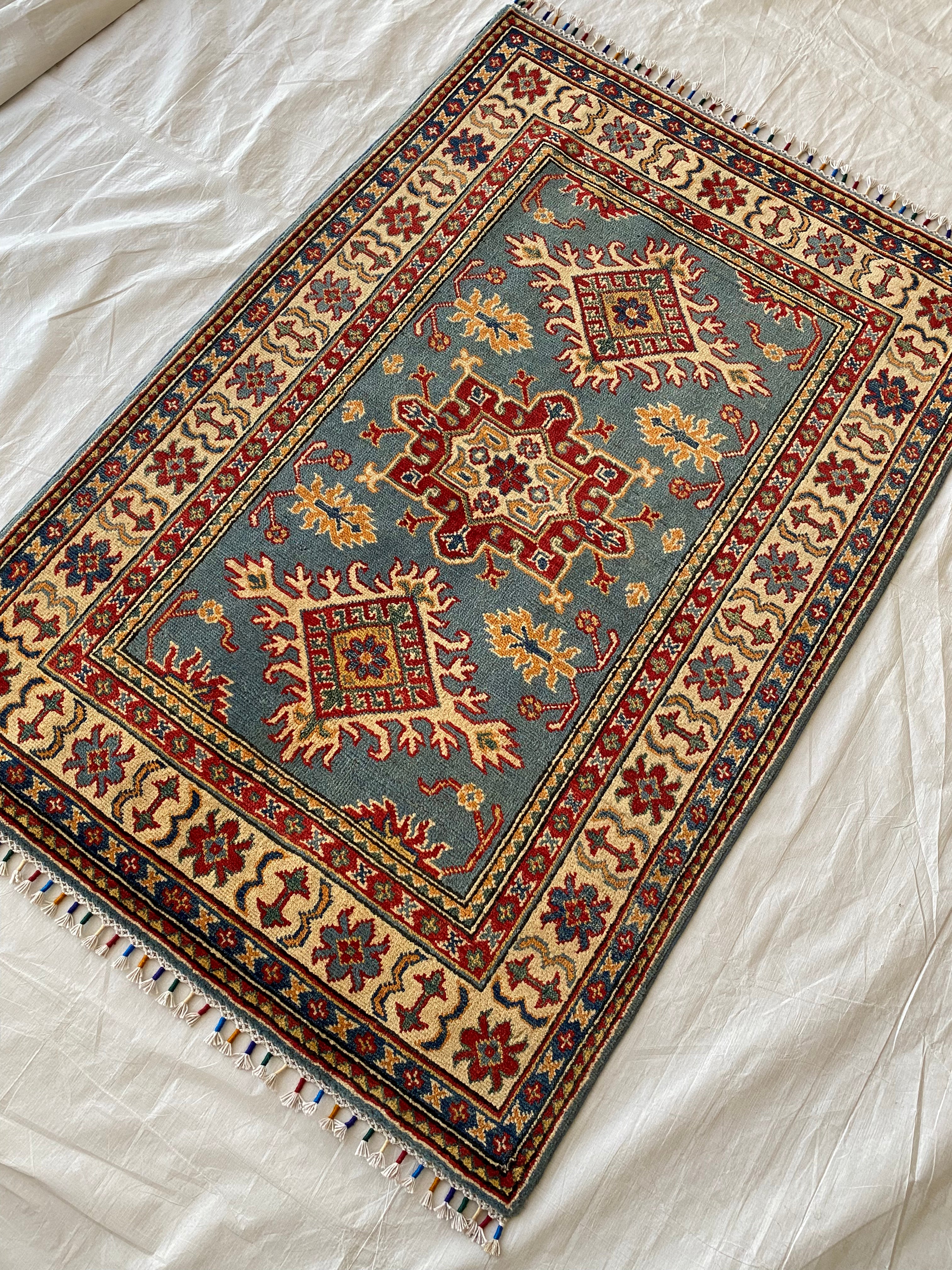 Afghani Rug 4x6 size range tribal Blue Beige laid flat