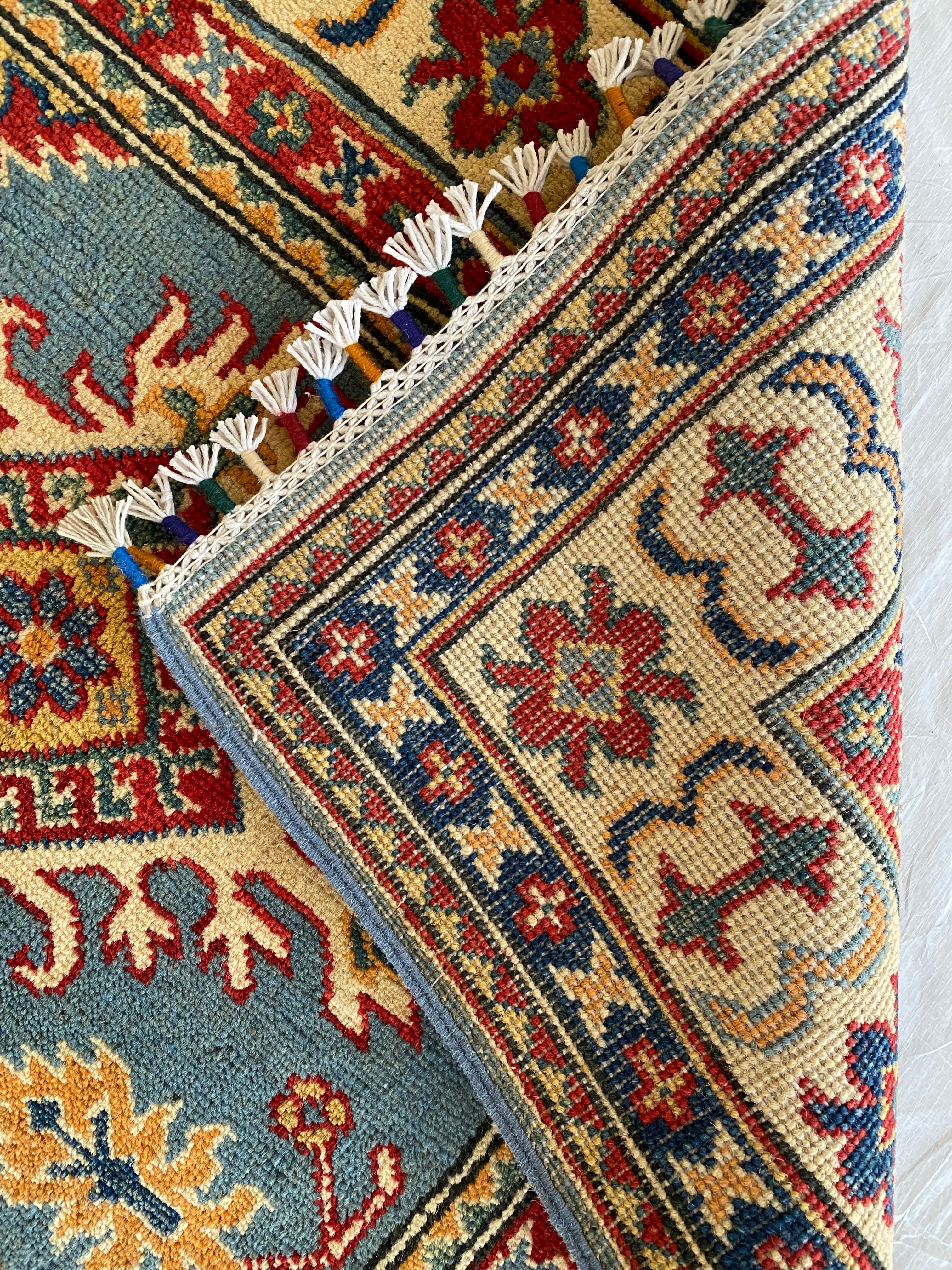 Afghani Rug 4x6 size range tribal Blue Beige laid flat