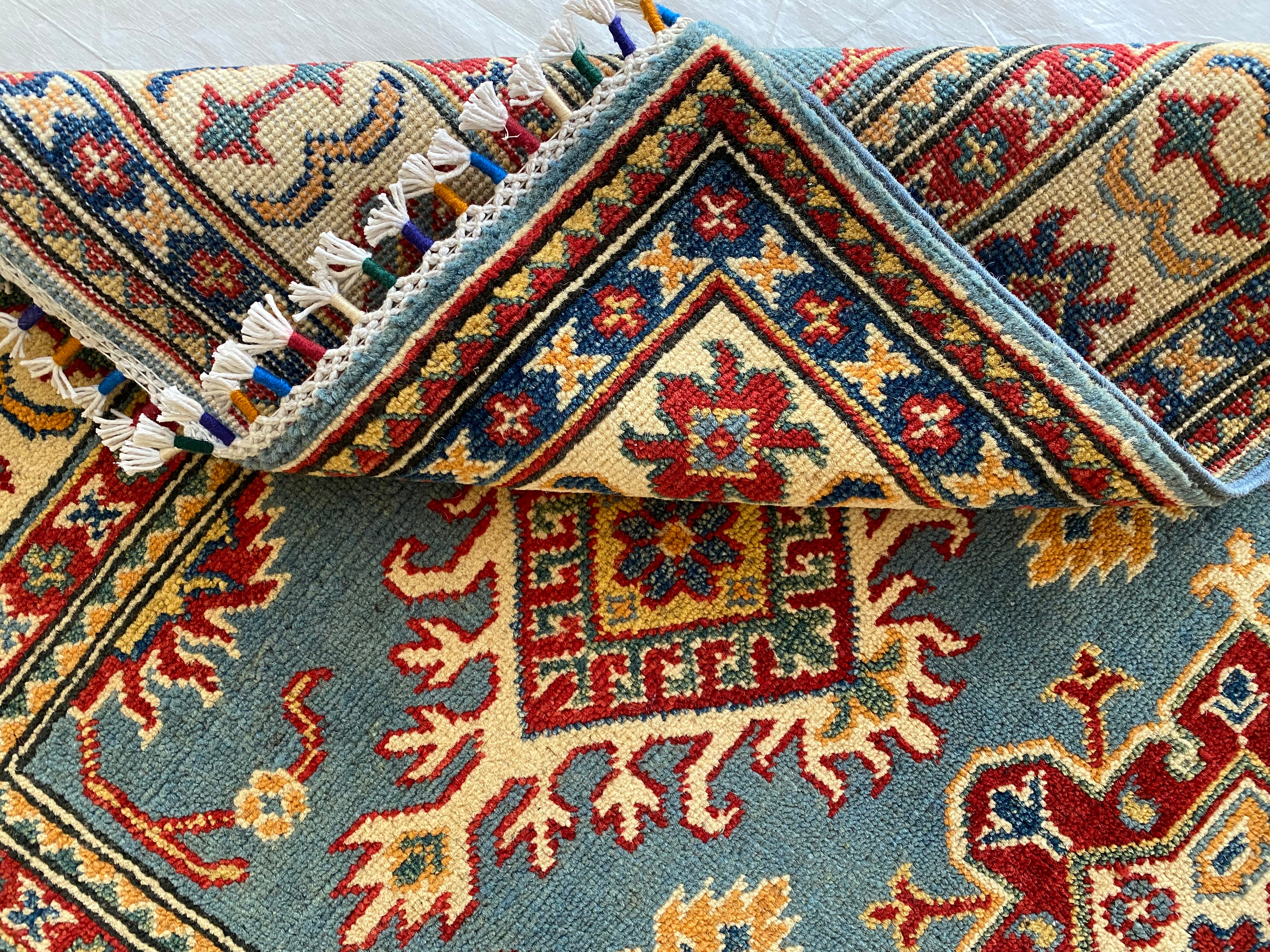 Afghani Rug 4x6 size range tribal Blue Beige laid flat