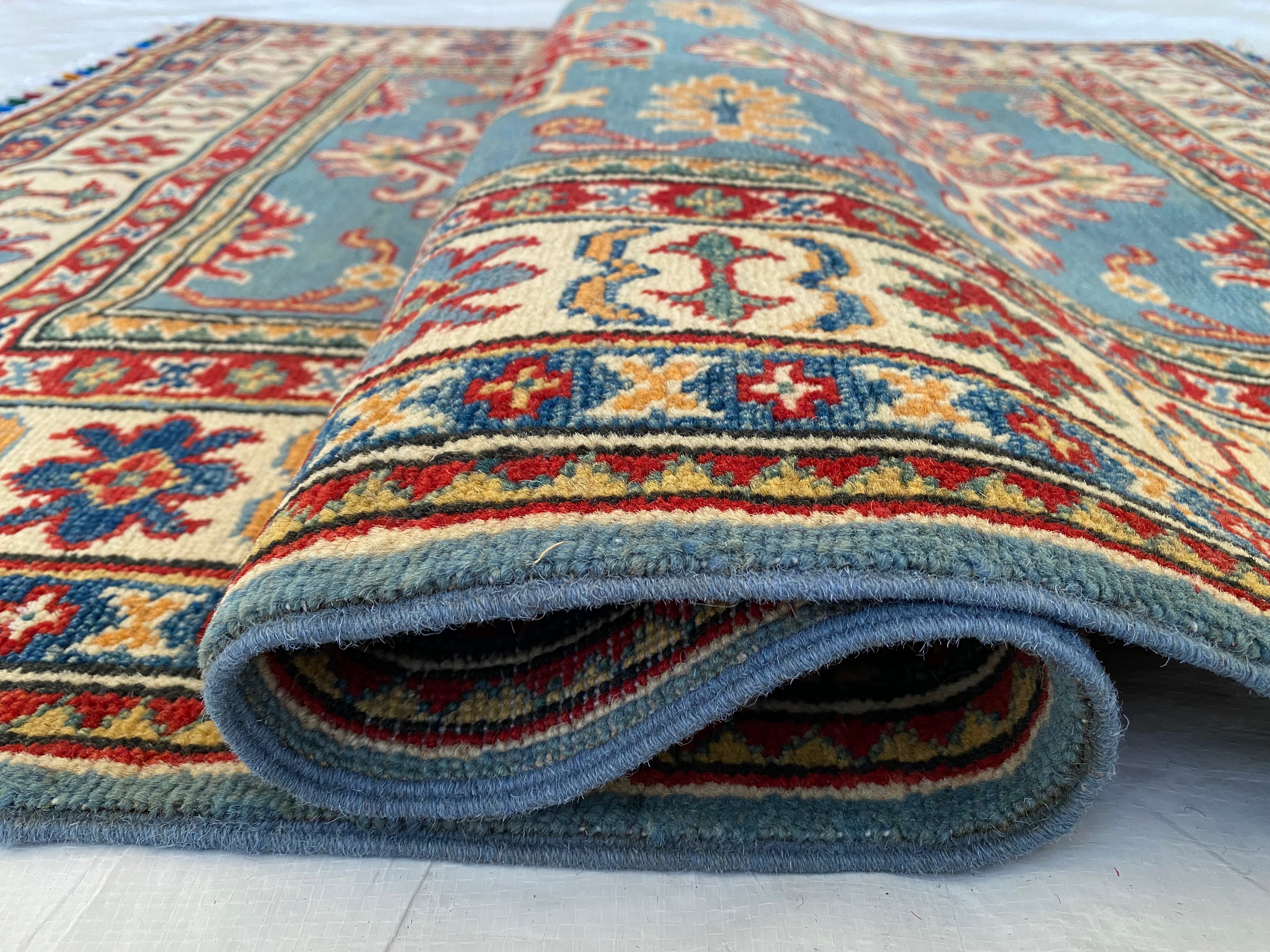 Afghani Rug 4x6 size range tribal Blue Beige laid flat