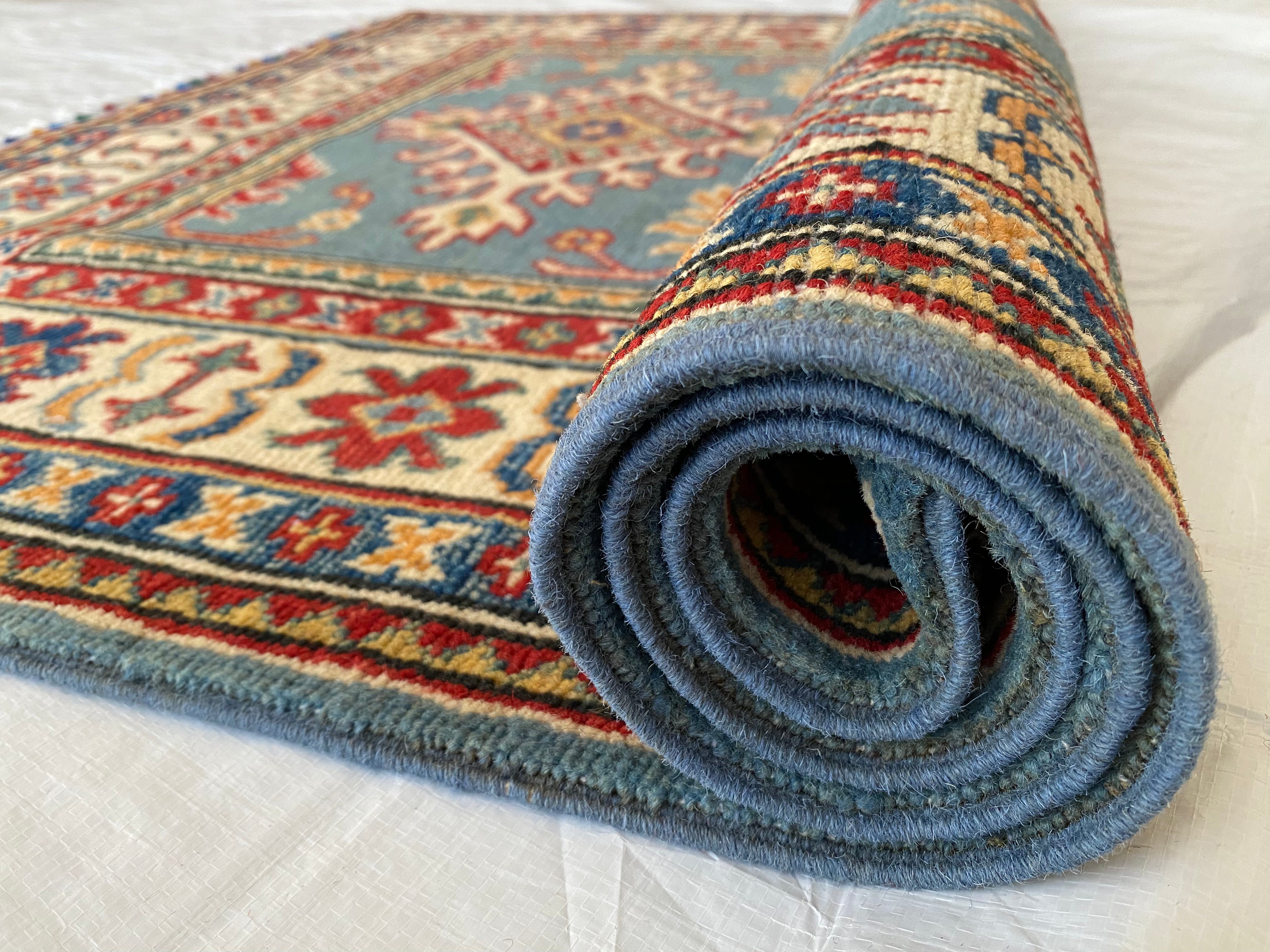 Afghani Rug 4x6 size range tribal Blue Beige laid flat