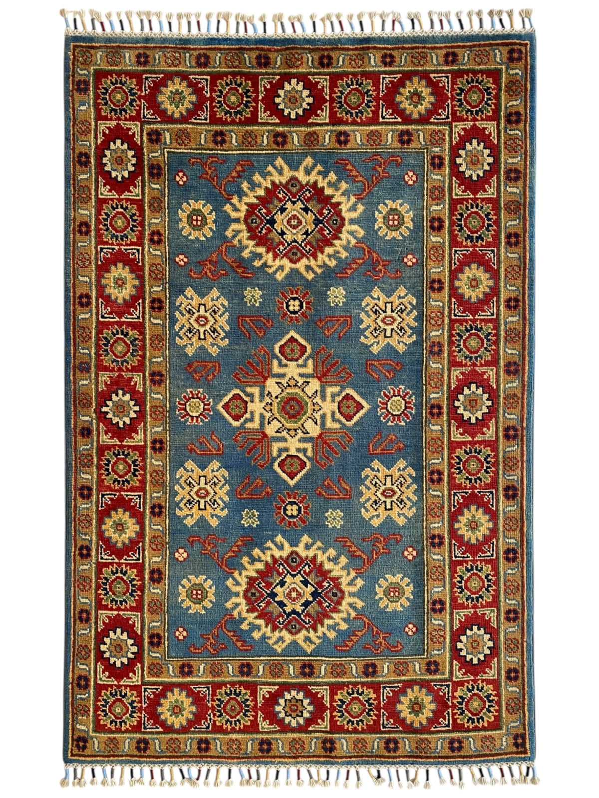 Afghani Rug 4x6 size range tribal Red Blue laid flat
