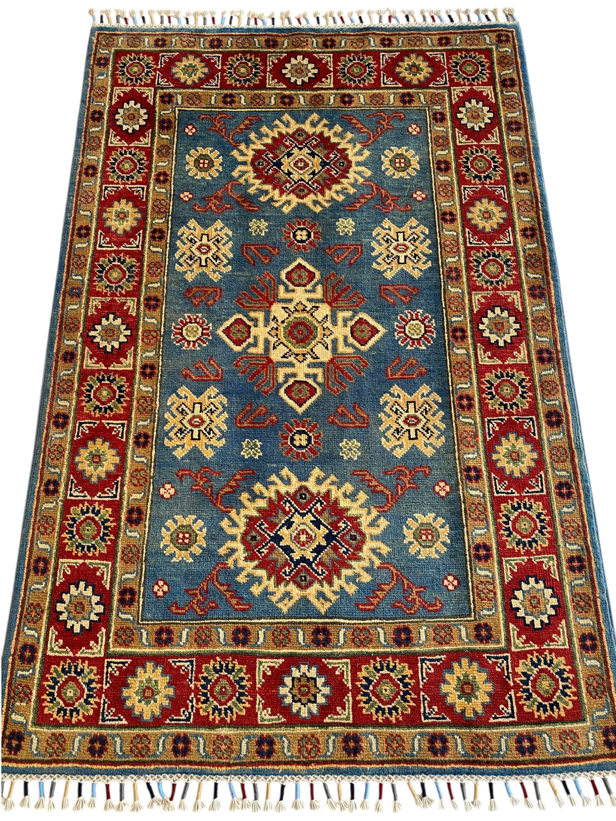 Afghani Rug 4x6 size range tribal Red Blue laid flat
