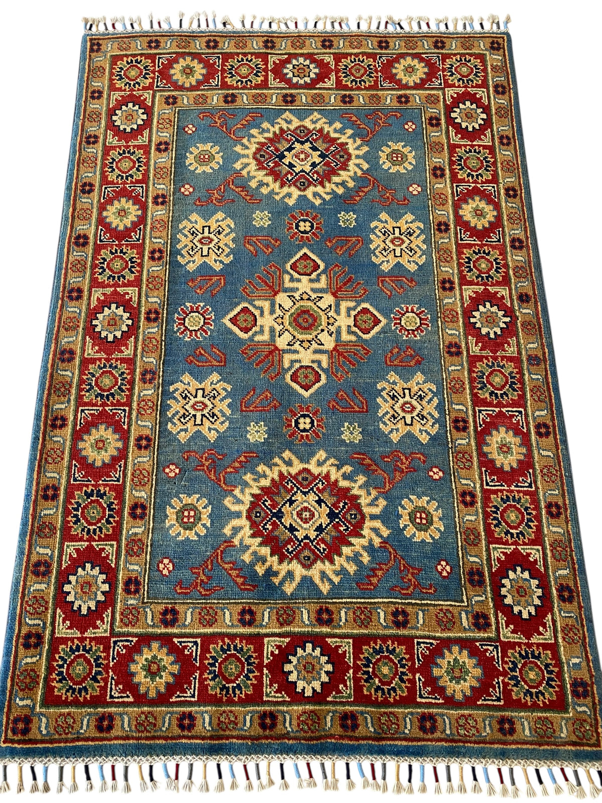 Afghani Rug 4x6 size range tribal Red Blue laid flat