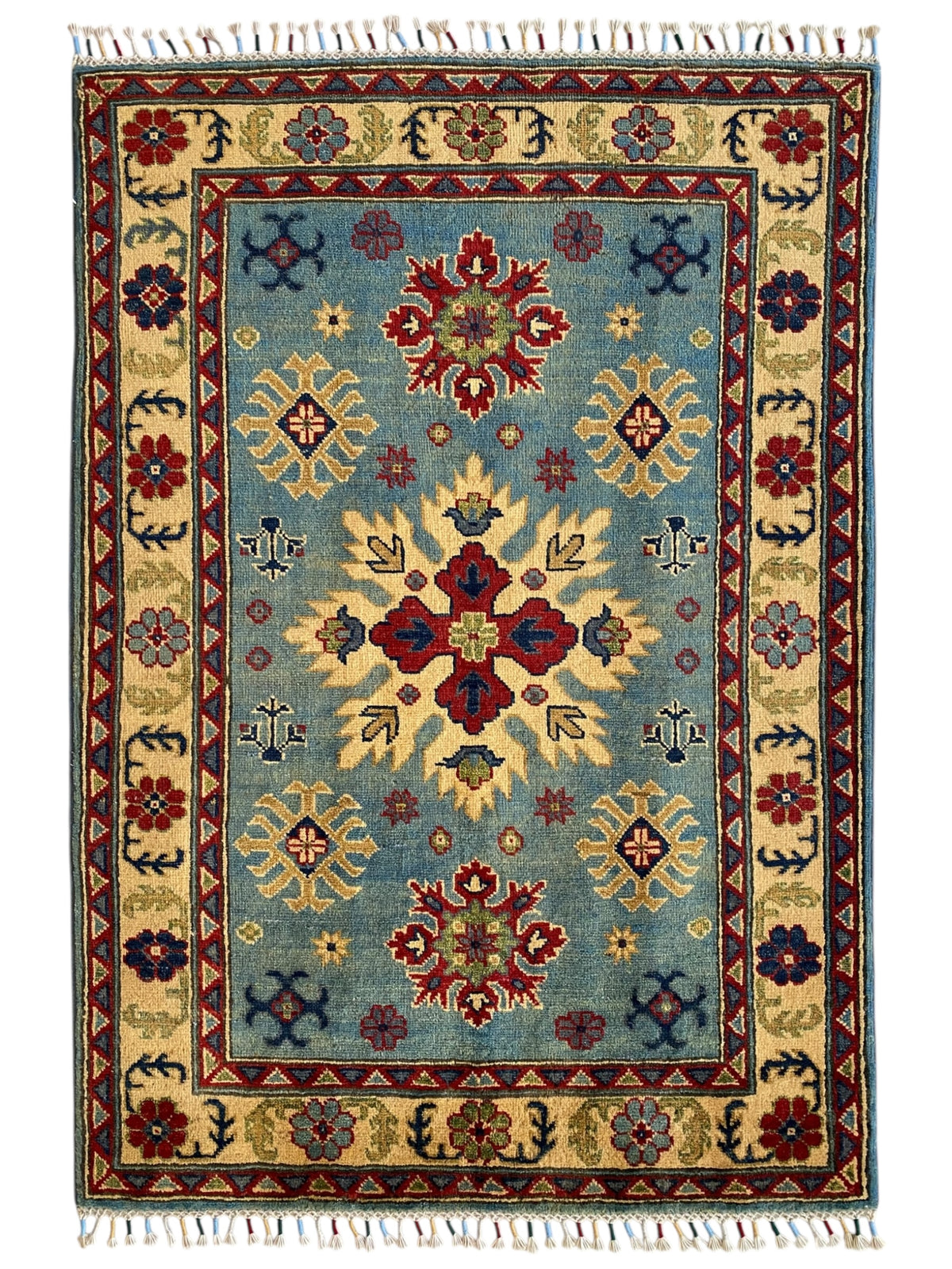 Afghani Rug 4x6 size range tribal Red Blue laid flat