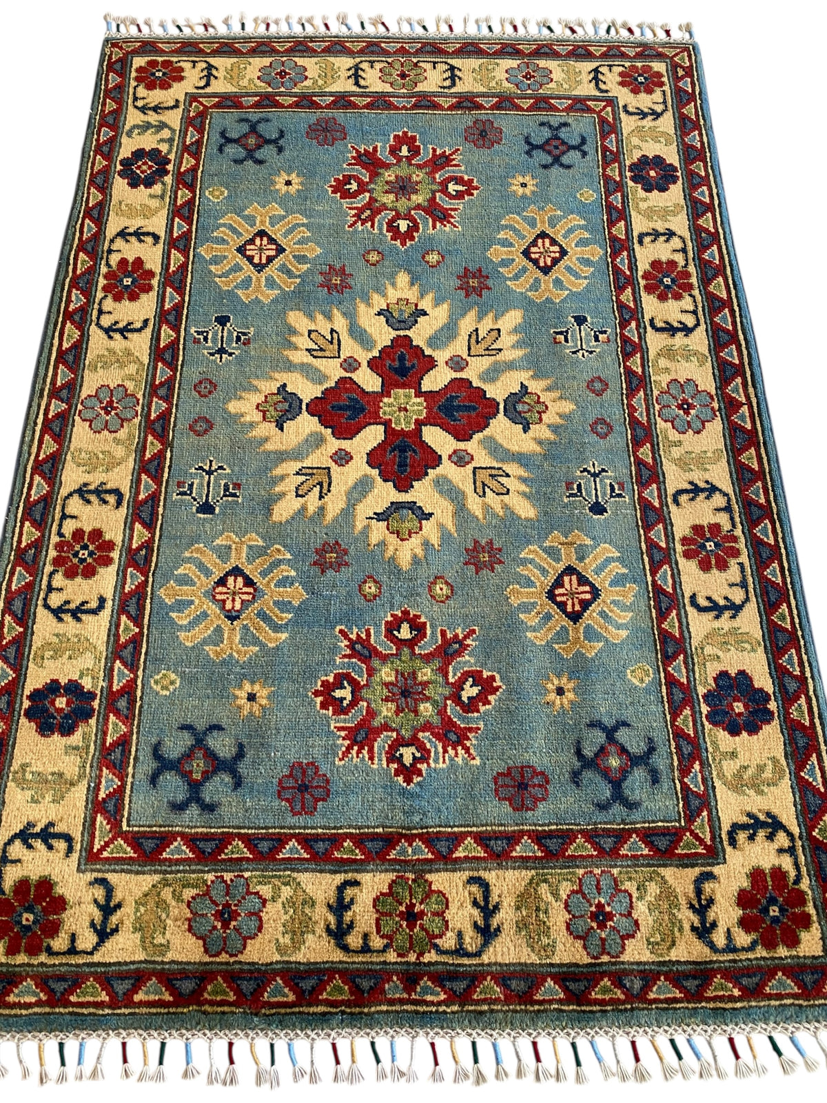 Afghani Rug 4x6 size range tribal Red Blue laid flat