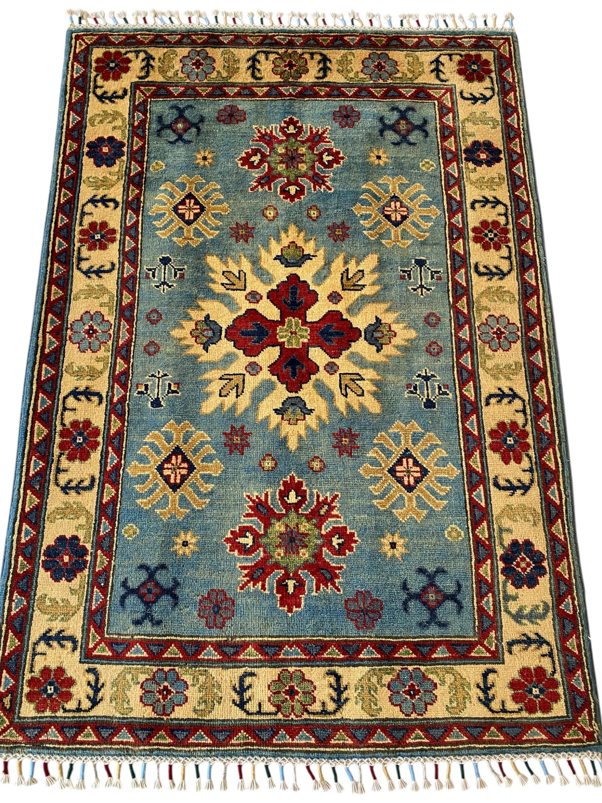 Afghani Rug 4x6 size range tribal Red Blue laid flat