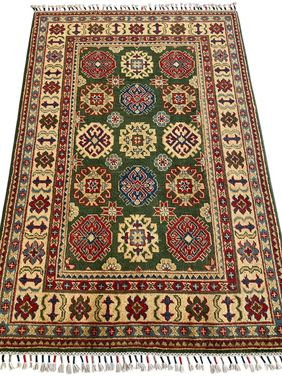 Afghani Rug 4x6 size range tribal Green laid flat