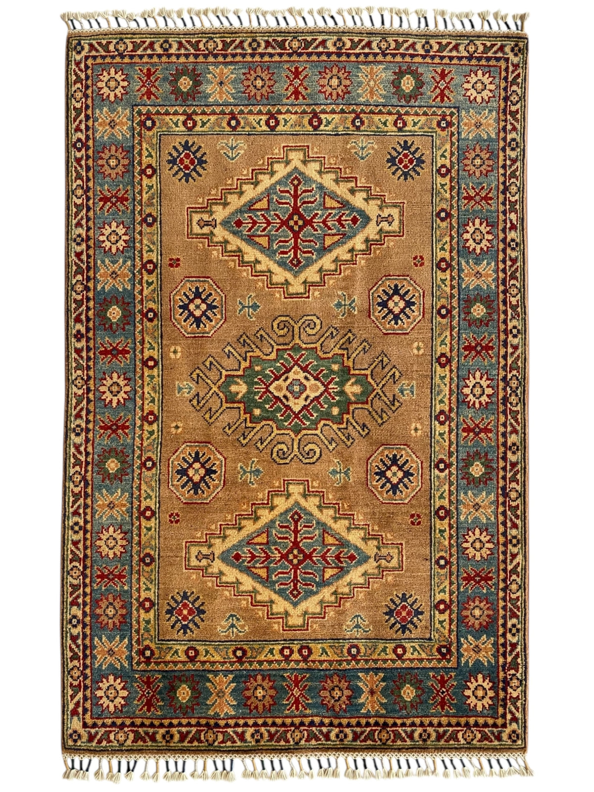 Afghani Rug 4x6 size range tribal Blue Beige laid flat