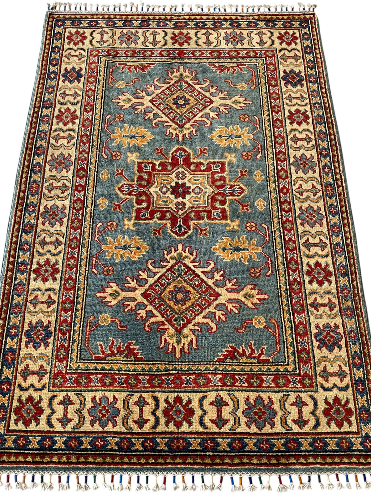 Afghani Rug 4x6 size range tribal Blue Beige laid flat