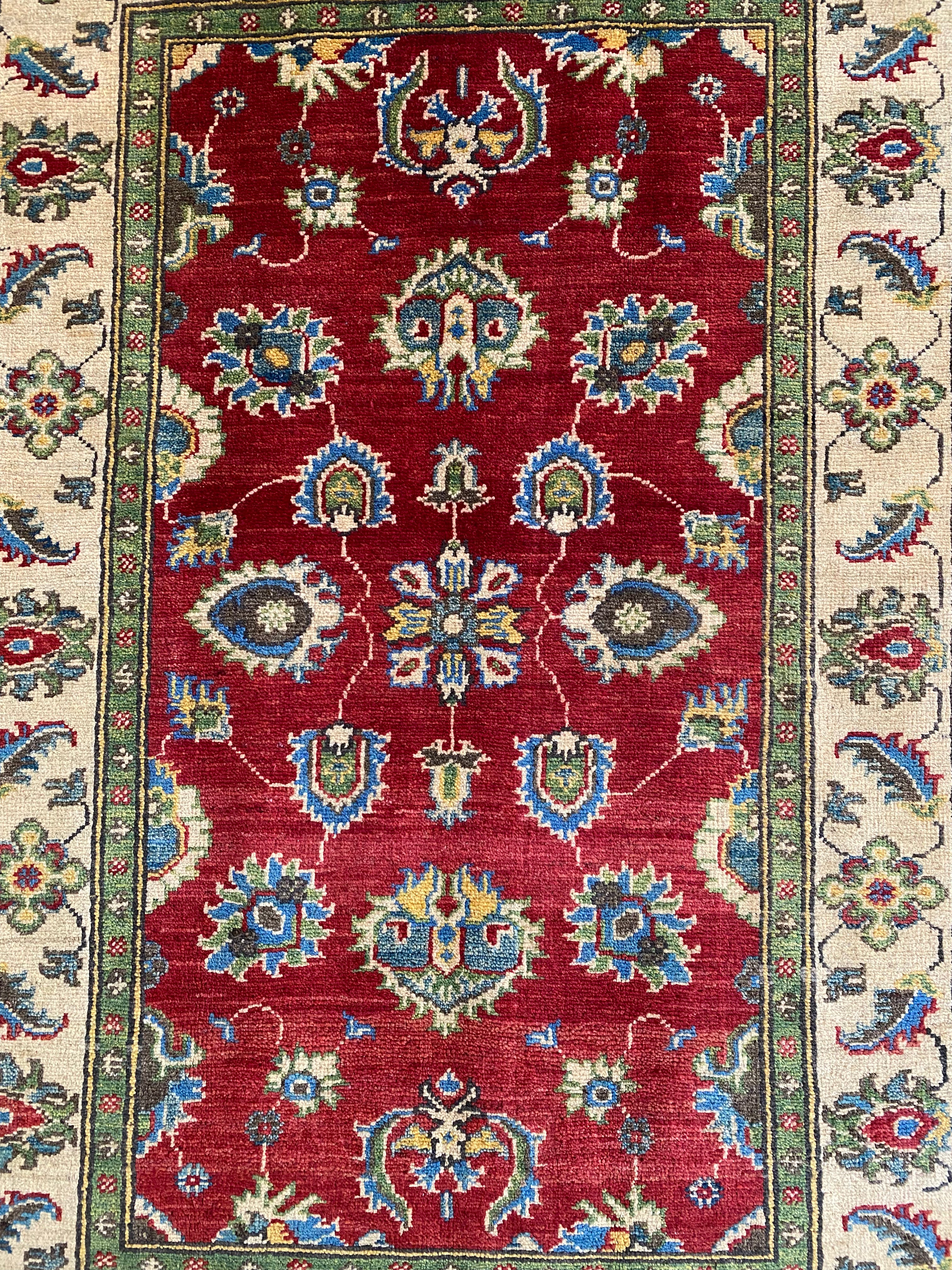 Afghani Rug 4x6 size range tribal Red Beige laid flat