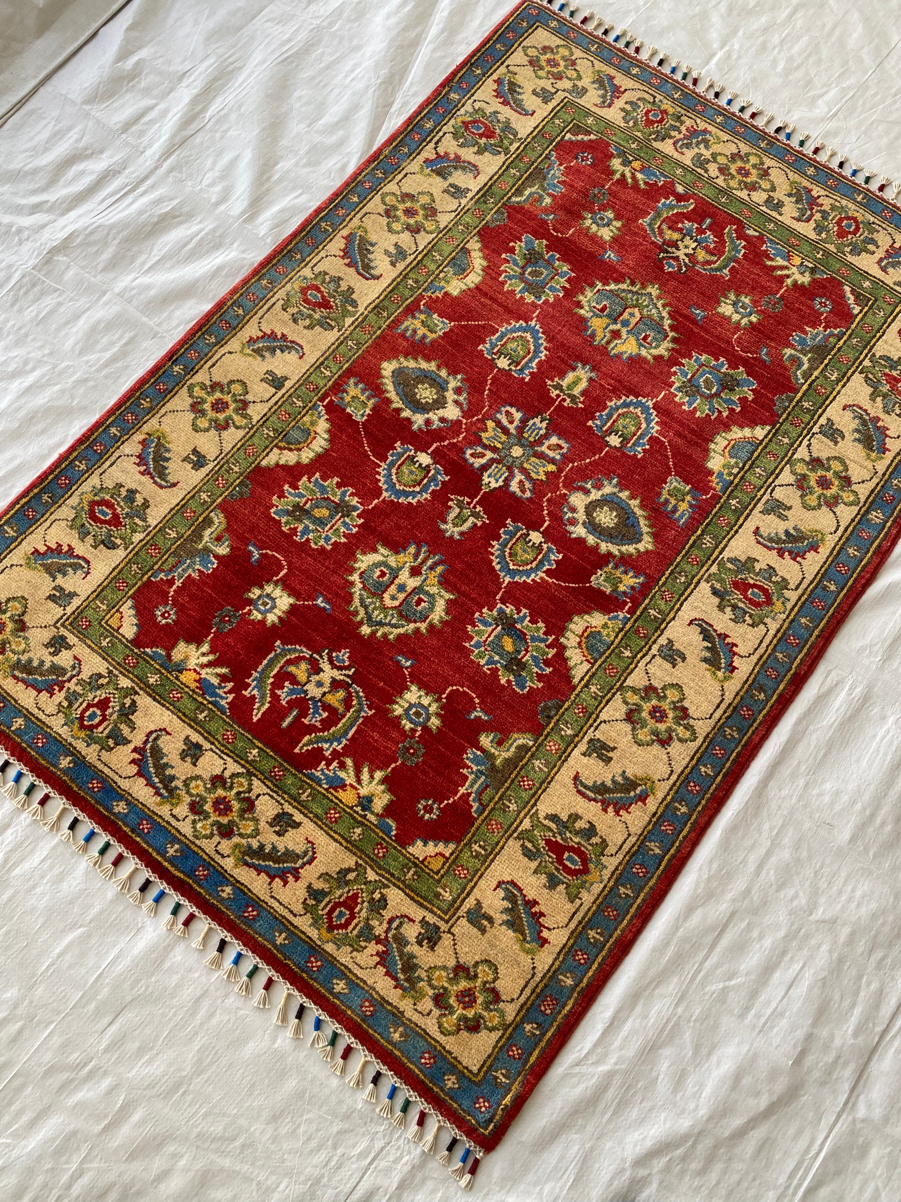 Afghani Rug 4x6 size range tribal Red Beige laid flat