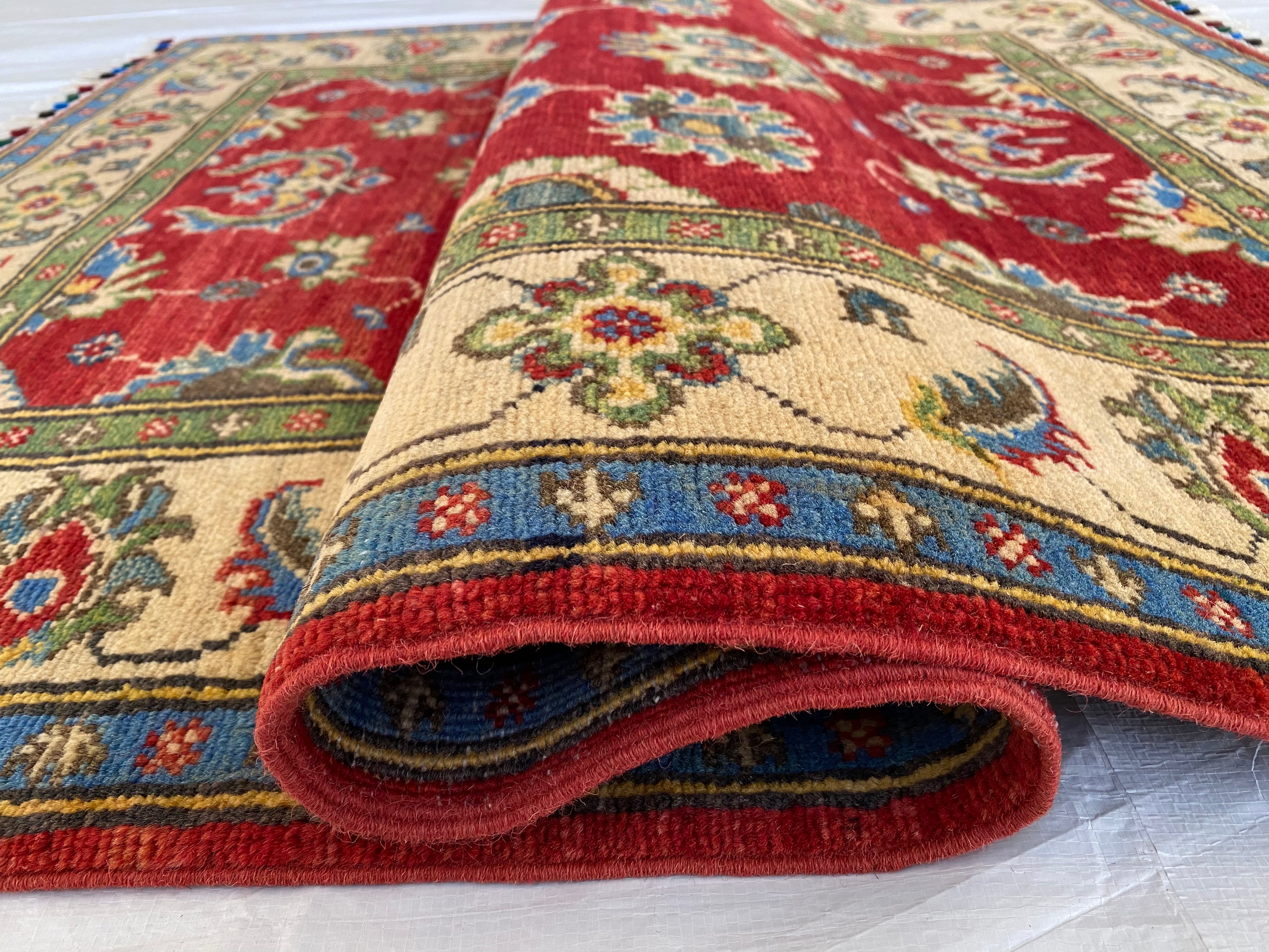 Afghani Rug 4x6 size range tribal Red Beige laid flat