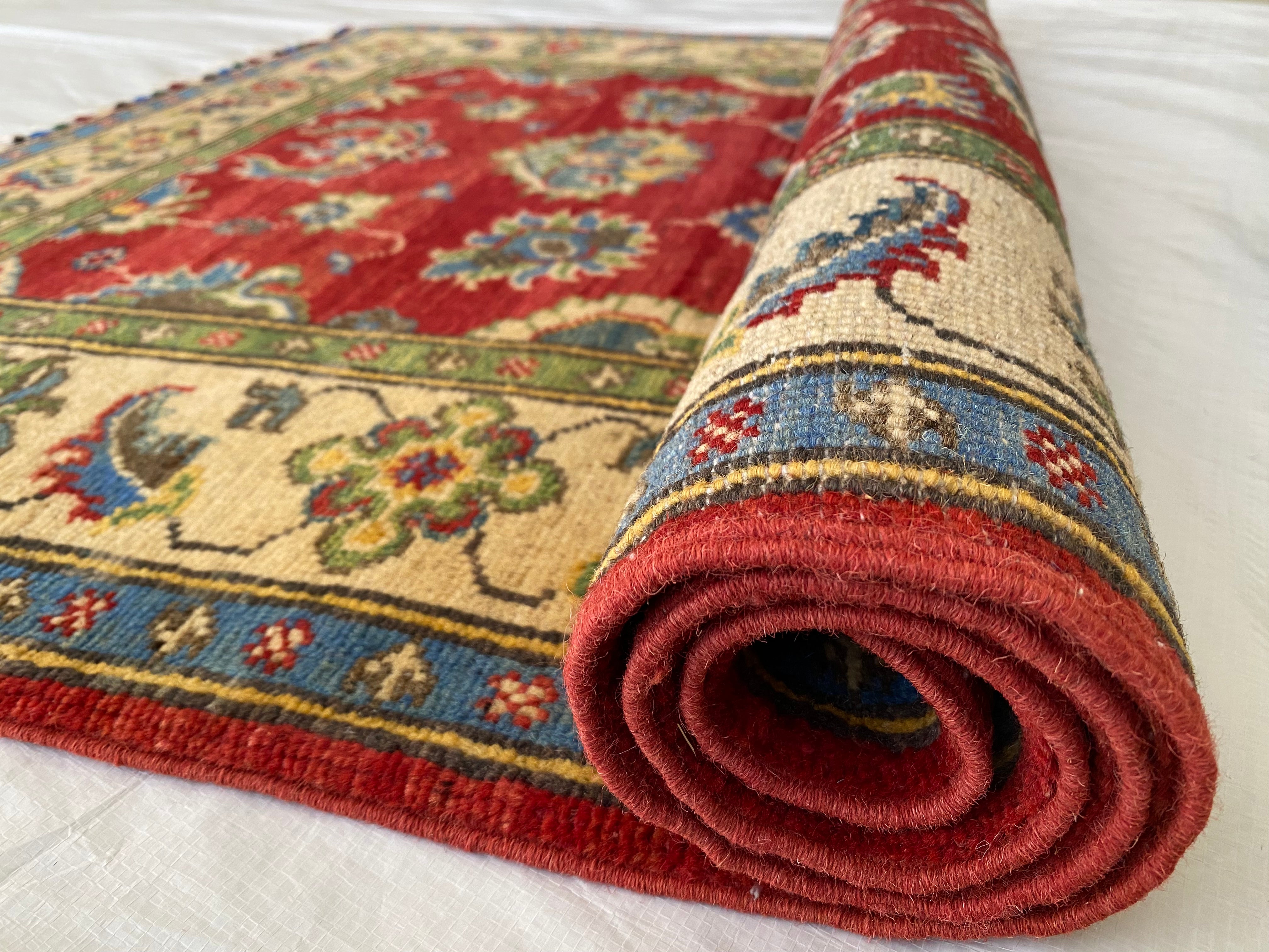 Afghani Rug 4x6 size range tribal Red Beige laid flat