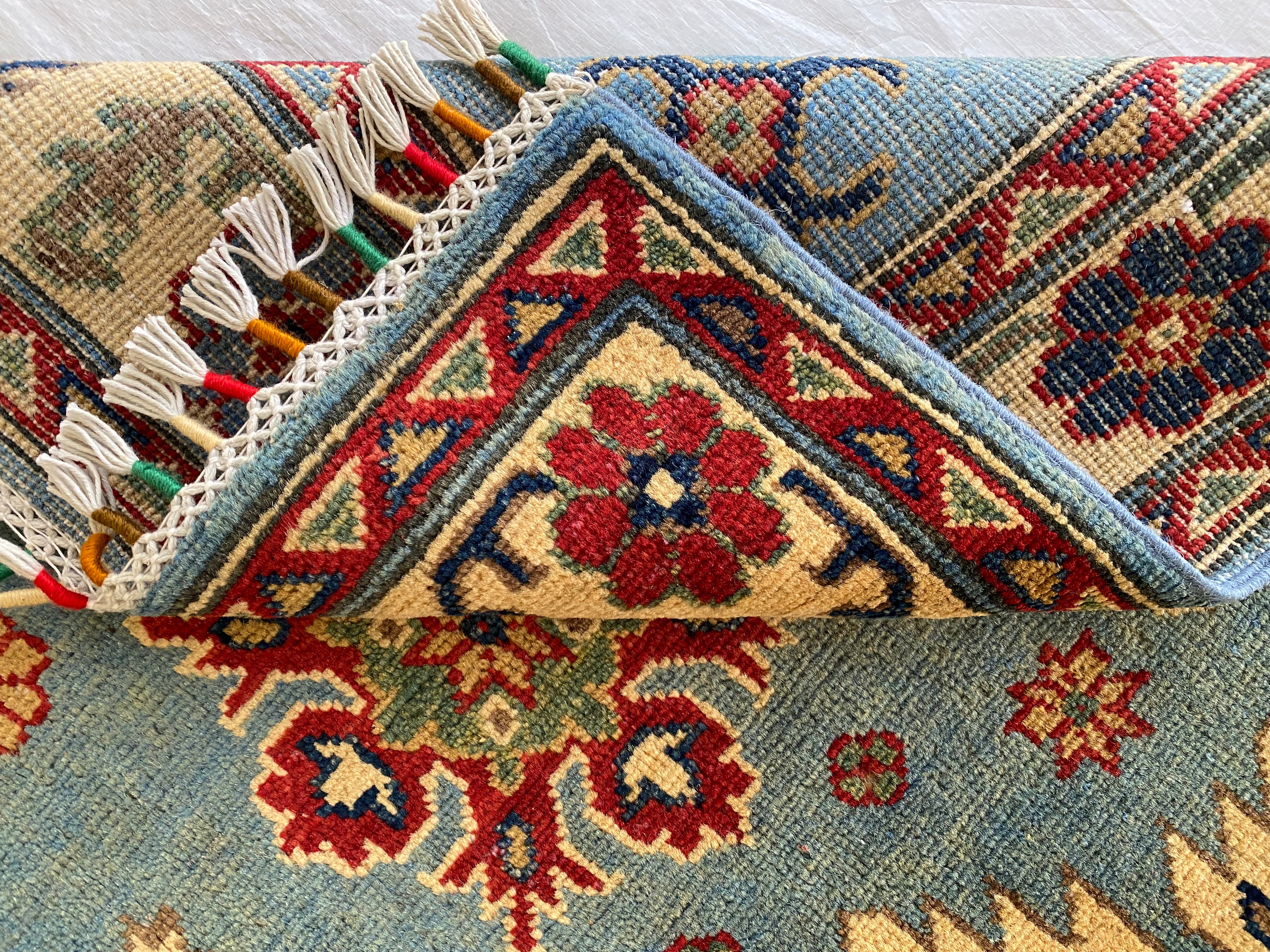 Afghani Rug 4x6 size range tribal Blue Cream laid flat