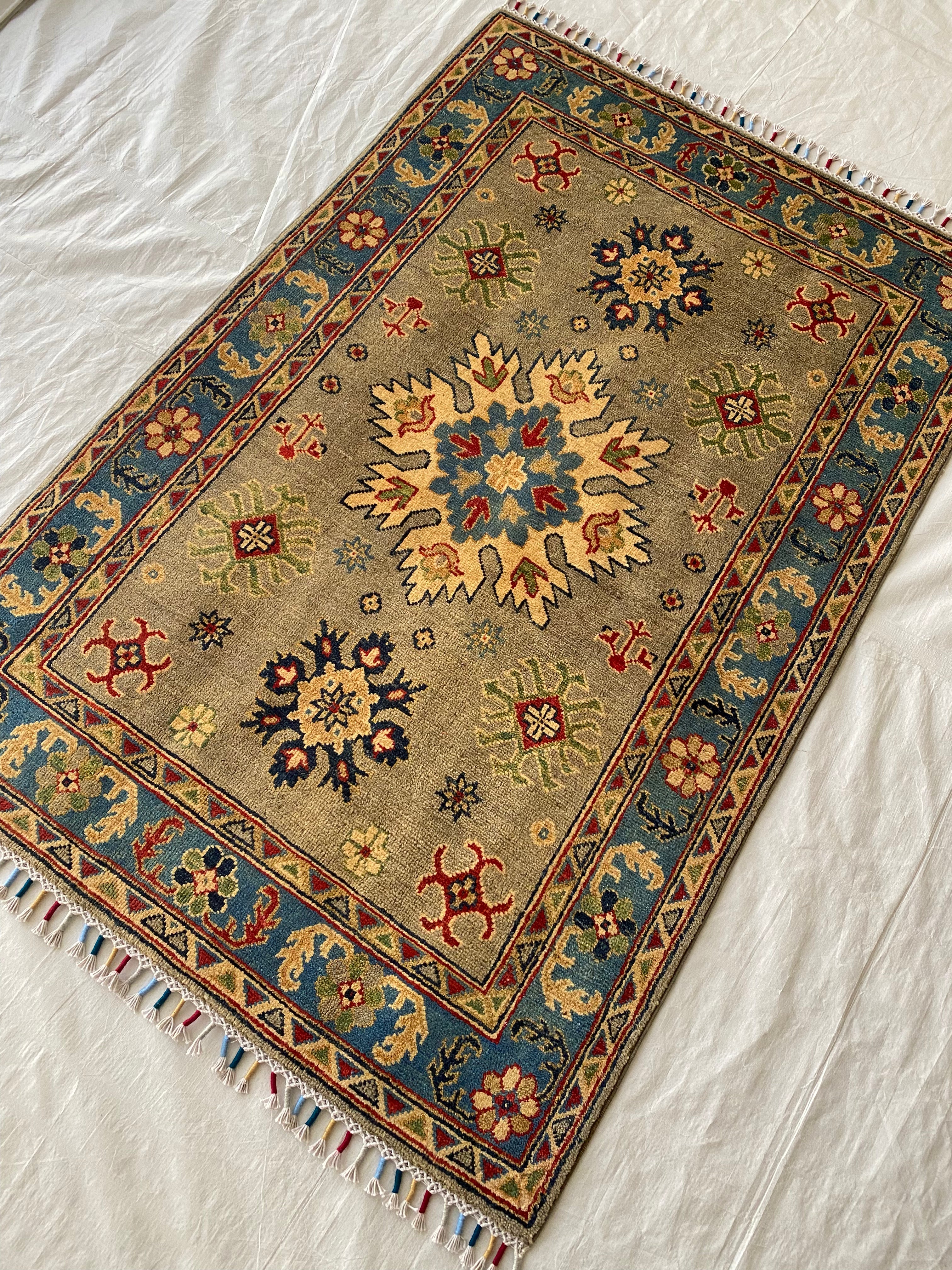 Afghani Rug 4x6 size range tribal Blue Brown laid flat