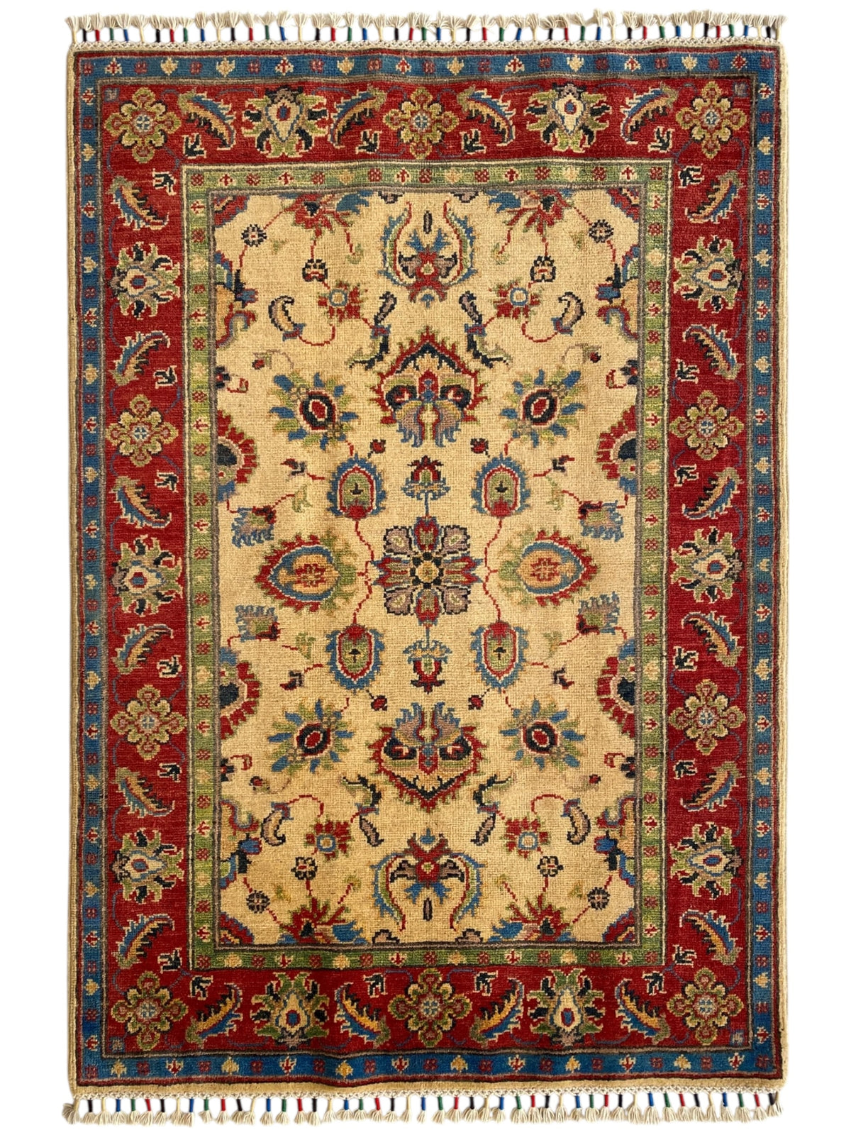 Afghani Rug 4x6 size range floral Red Cream laid flat