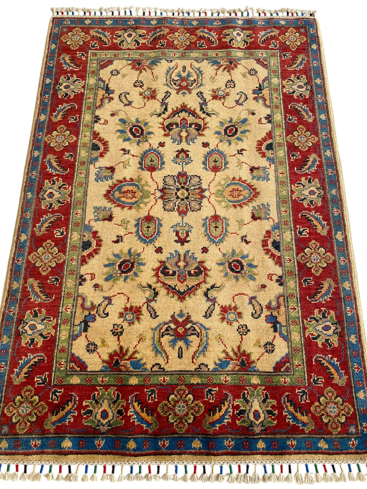 Afghani Rug 4x6 size range floral Red Cream laid flat