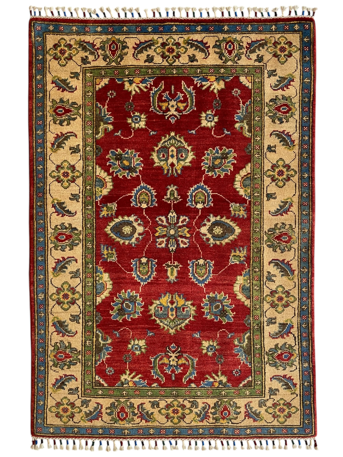 Afghani Rug 4x6 size range tribal Red Beige laid flat