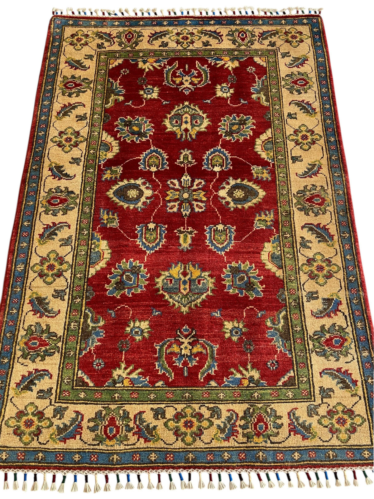 Afghani Rug 4x6 size range tribal Red Beige laid flat