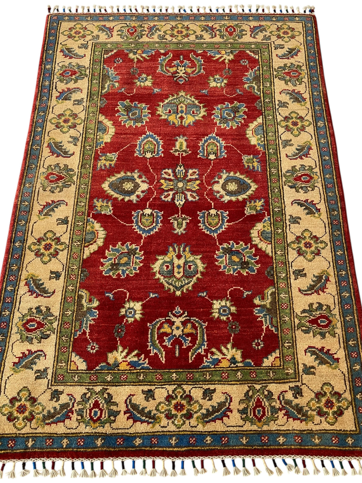 Afghani Rug 4x6 size range tribal Red Beige laid flat