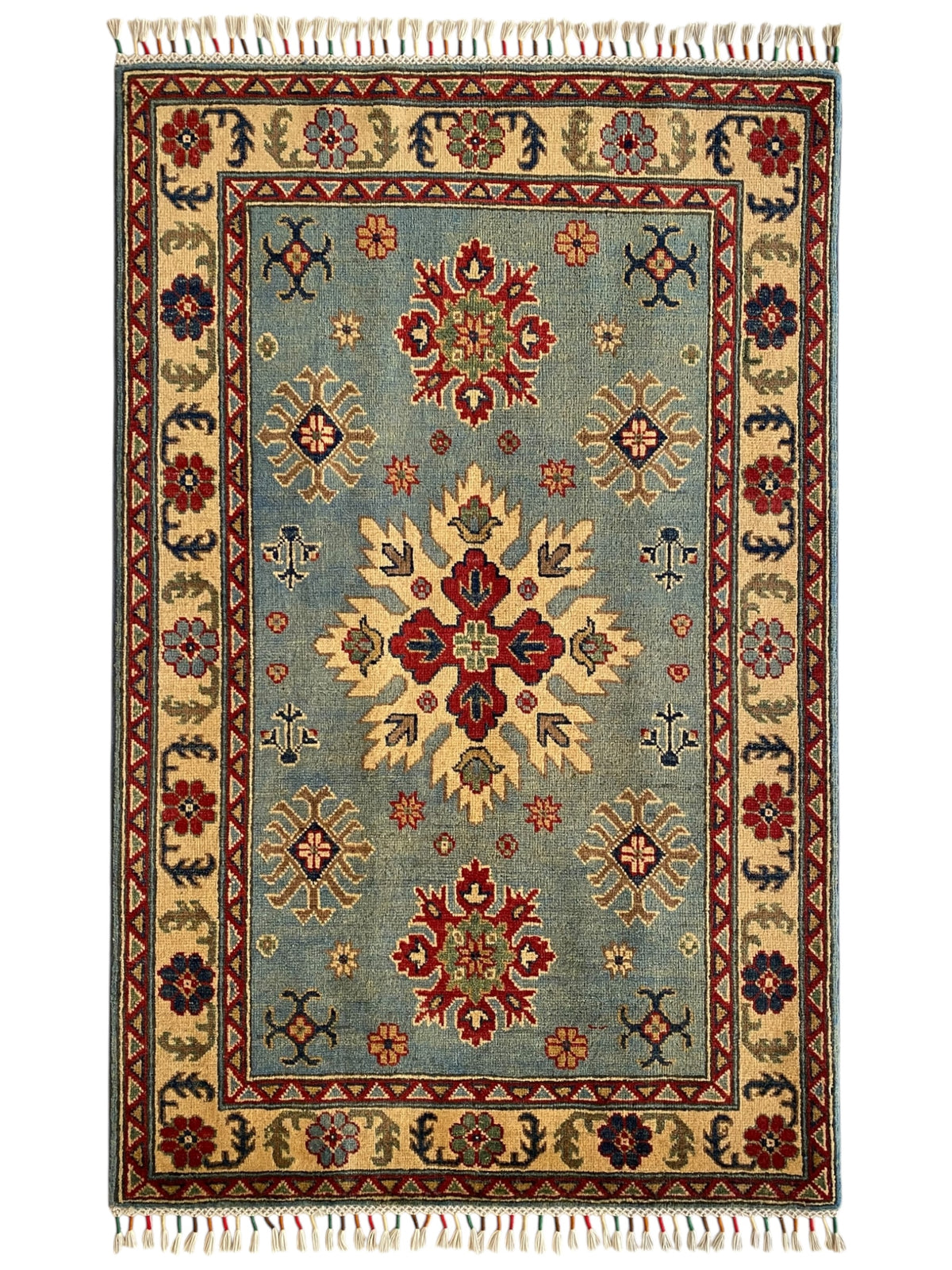 Afghani Rug 4x6 size range tribal Blue Cream laid flat