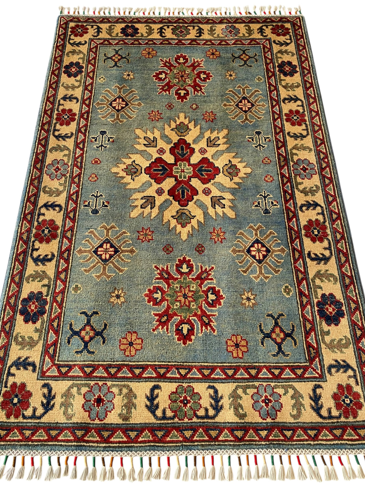 Afghani Rug 4x6 size range tribal Blue Cream laid flat