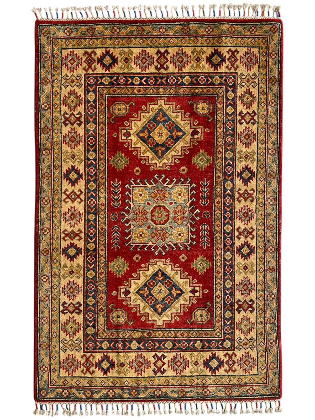 Afghani Rug 4x6 size range tribal Red Cream laid flat
