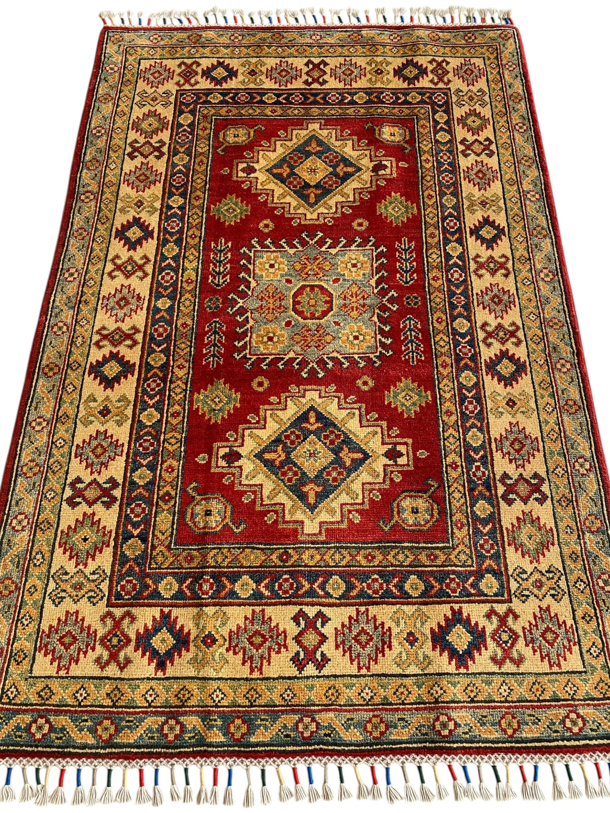 Afghani Rug 4x6 size range tribal Red Cream laid flat