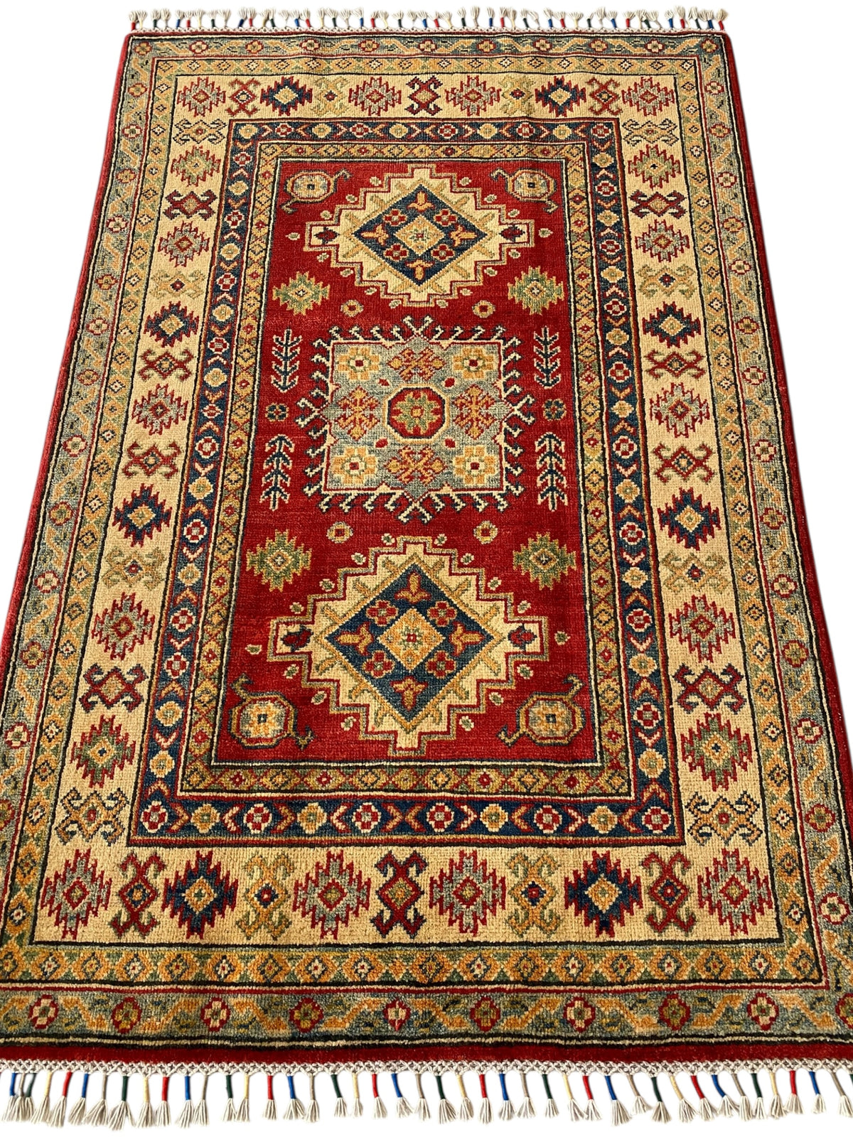 Afghani Rug 4x6 size range tribal Red Cream laid flat