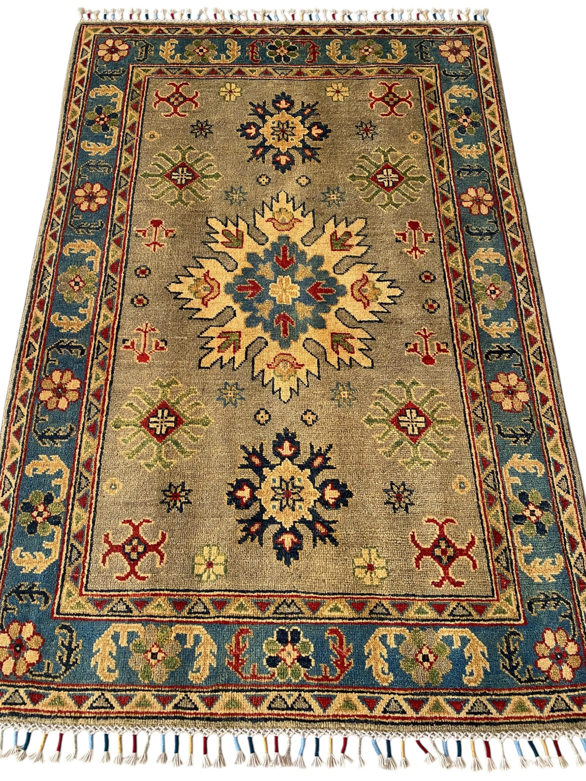 Afghani Rug 4x6 size range tribal Blue Brown laid flat