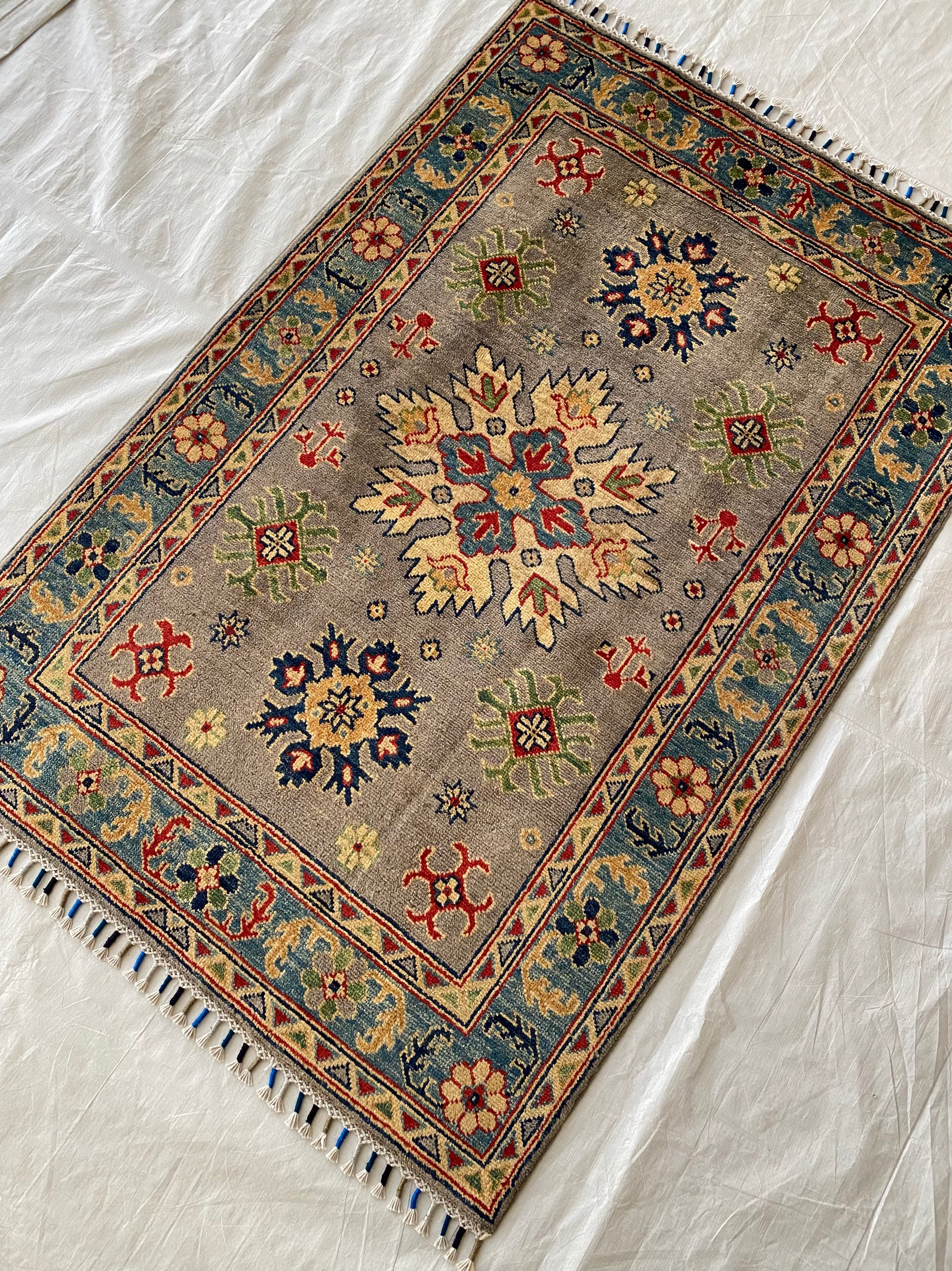 Afghani Rug 4x6 size range tribal Blue Brown laid flat