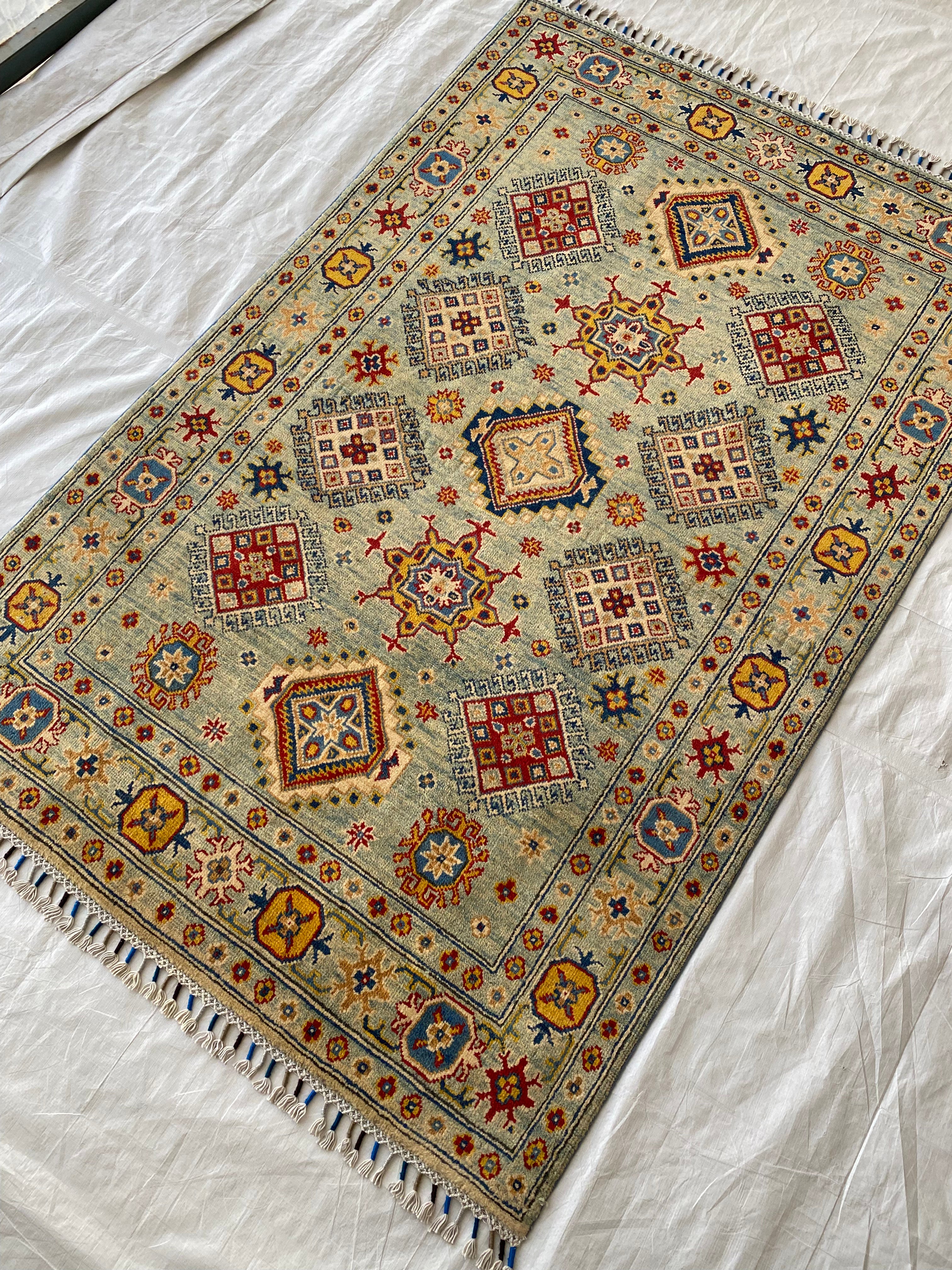 Afghani Rug 4x6 size range tribal Blue Green laid flat
