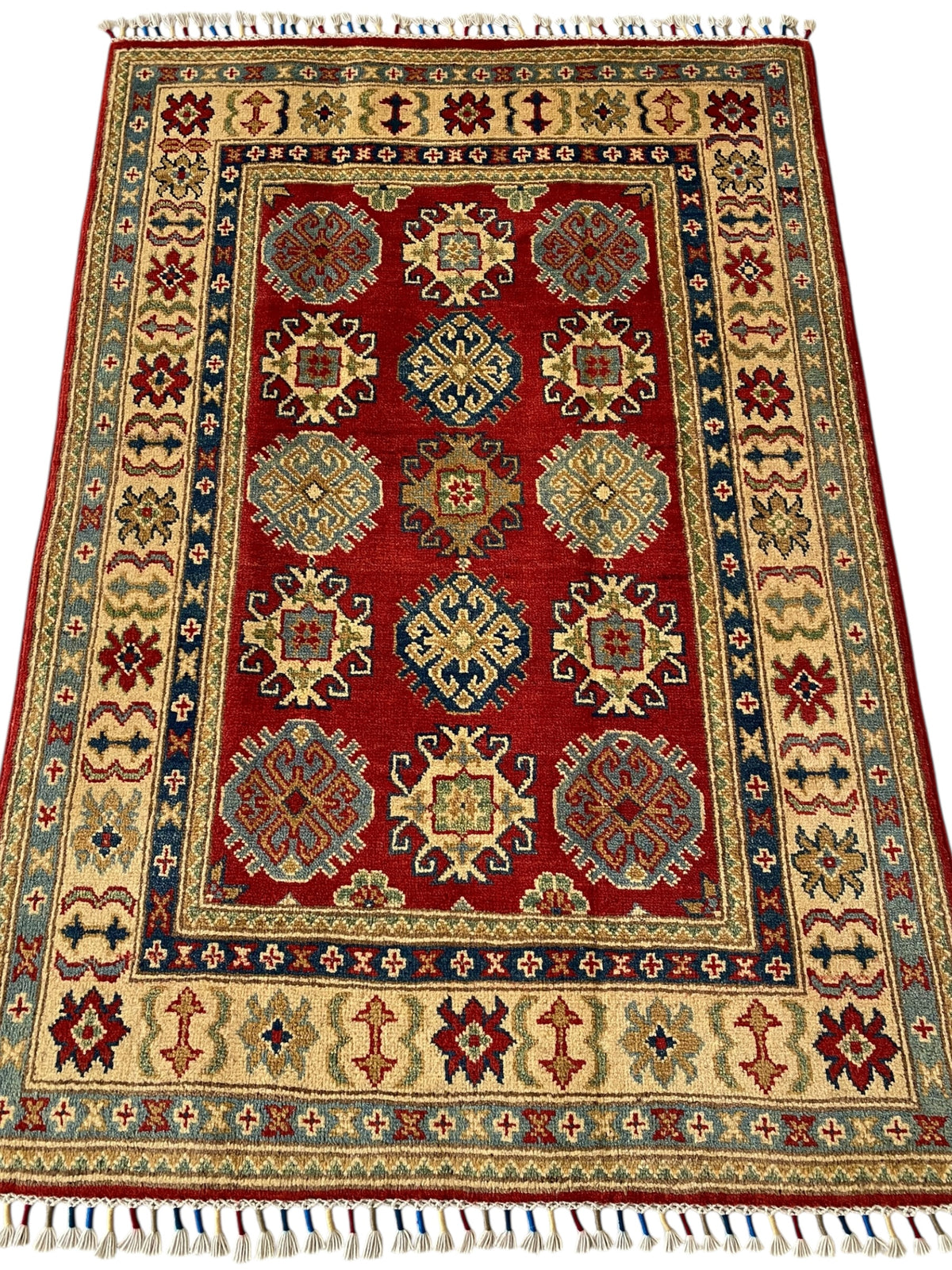 Afghani Rug 4x6 size range tribal Red Cream laid flat