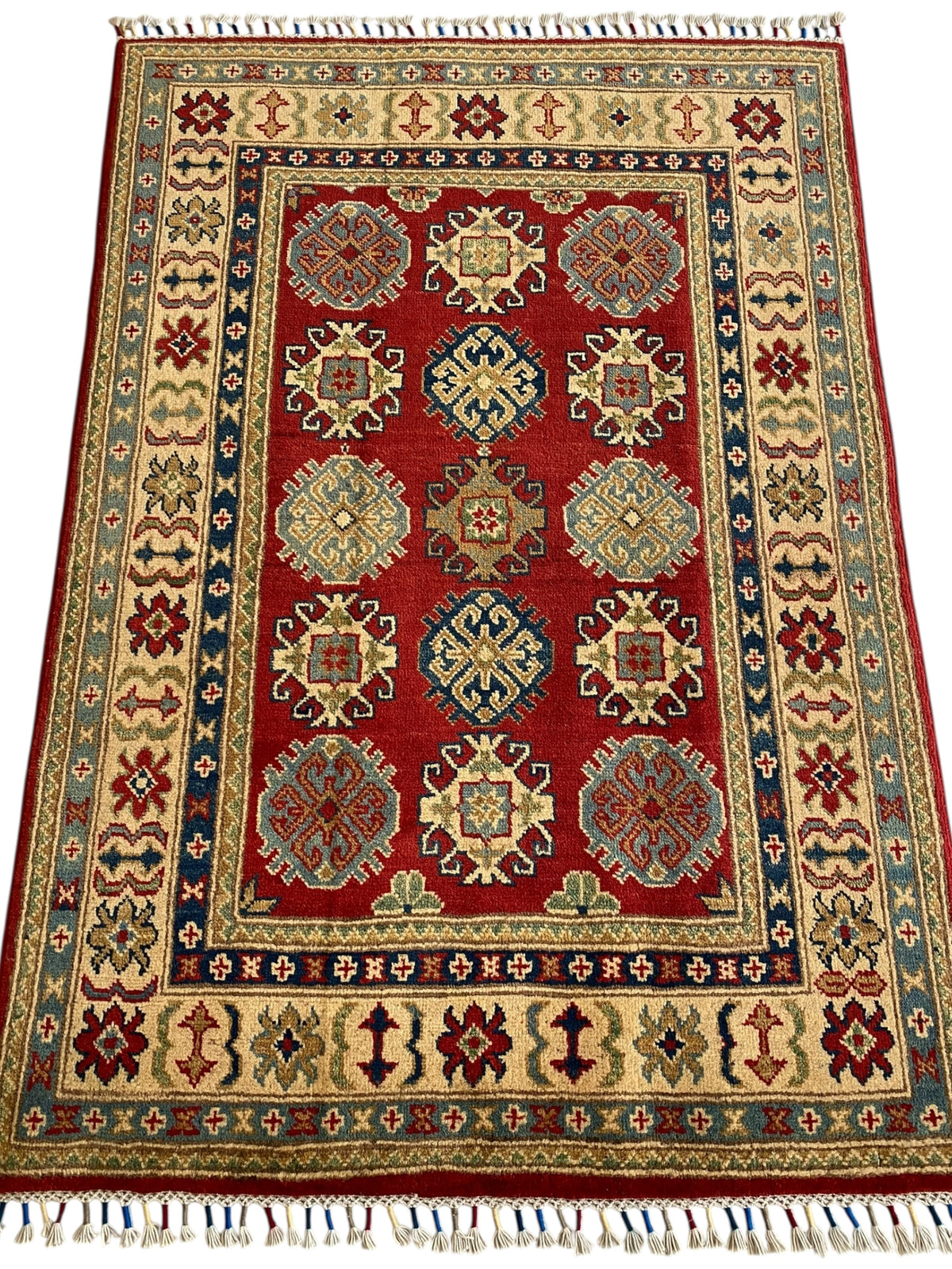 Afghani Rug 4x6 size range tribal Red Cream laid flat